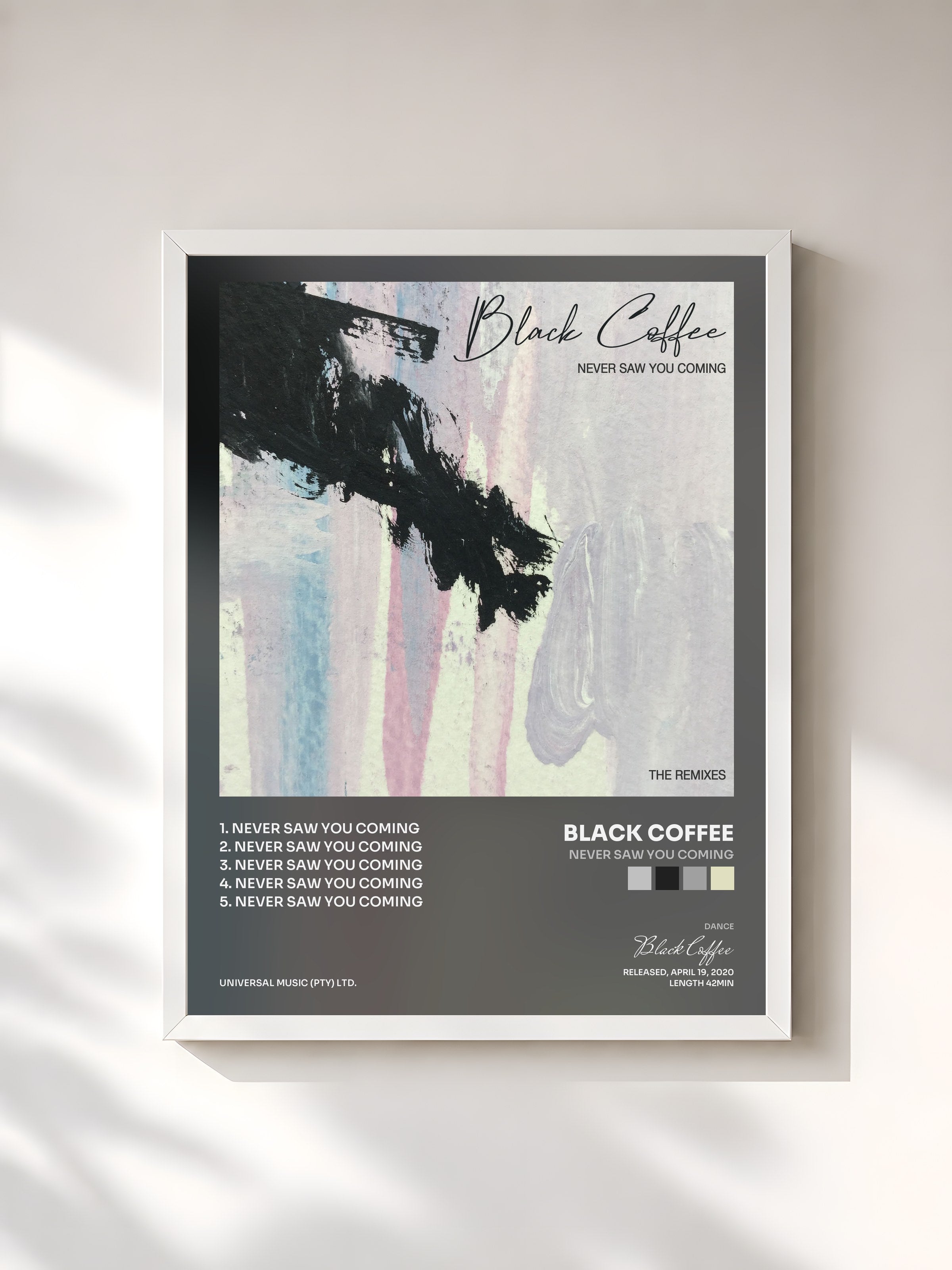 #blanc Tableau de l'album Never Saw You Coming de Black Coffee, cadre blanc, imprimé et encadré en France
