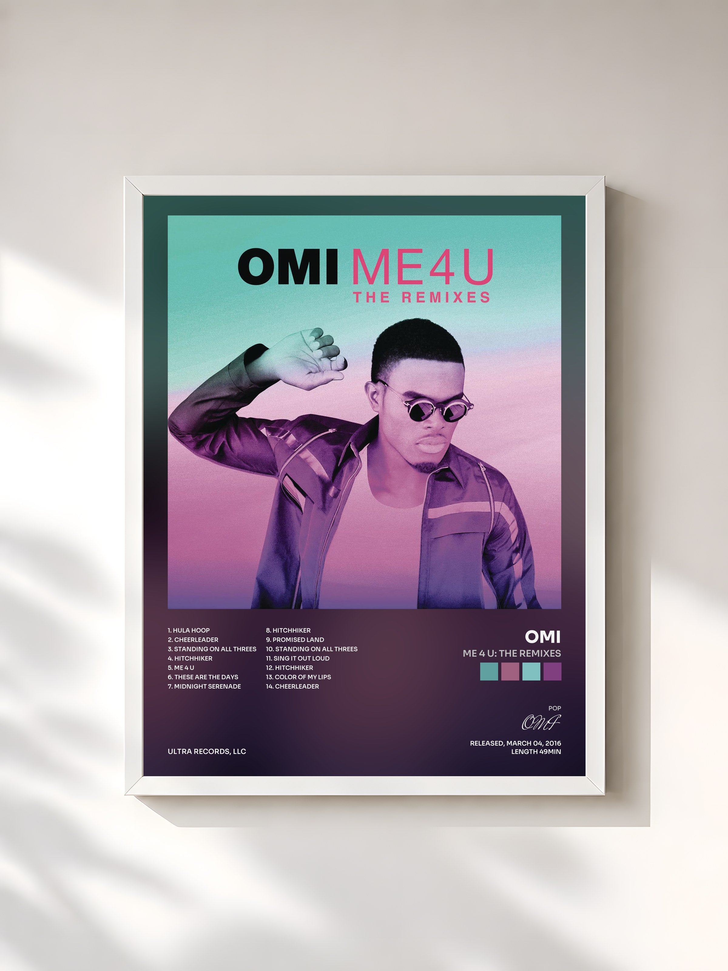 #blanc Tableau de l'album Me 4 U: The Remixes de OMI, cadre blanc, imprimé et encadré en France