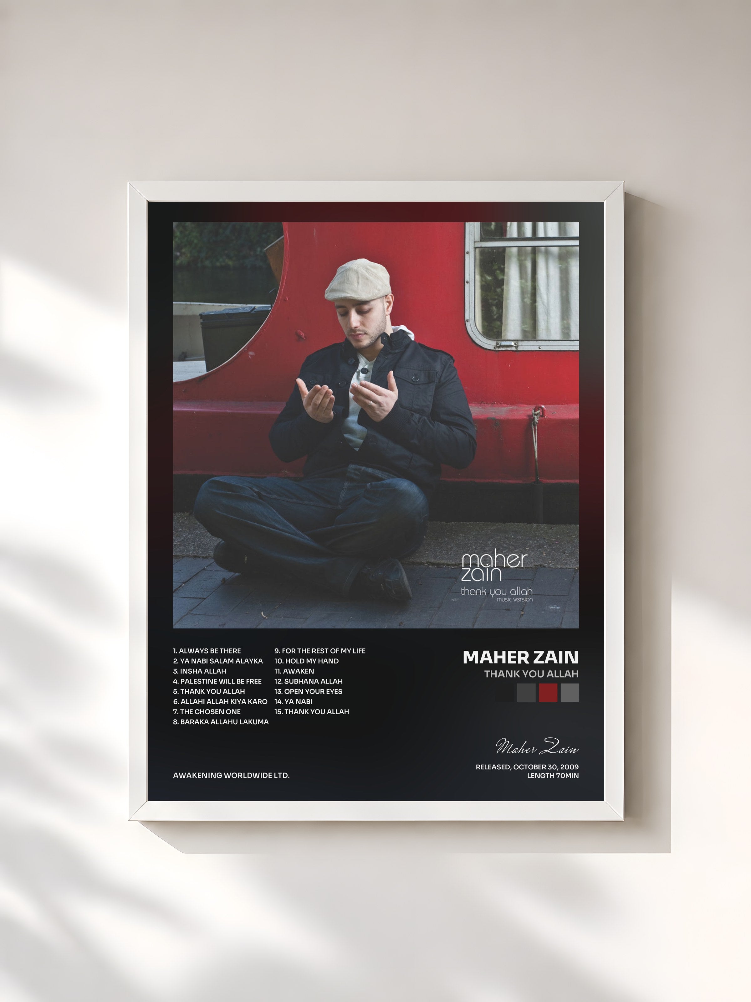 #blanc Tableau de l'album Thank You Allah de Maher Zain, cadre blanc, imprimé et encadré en France