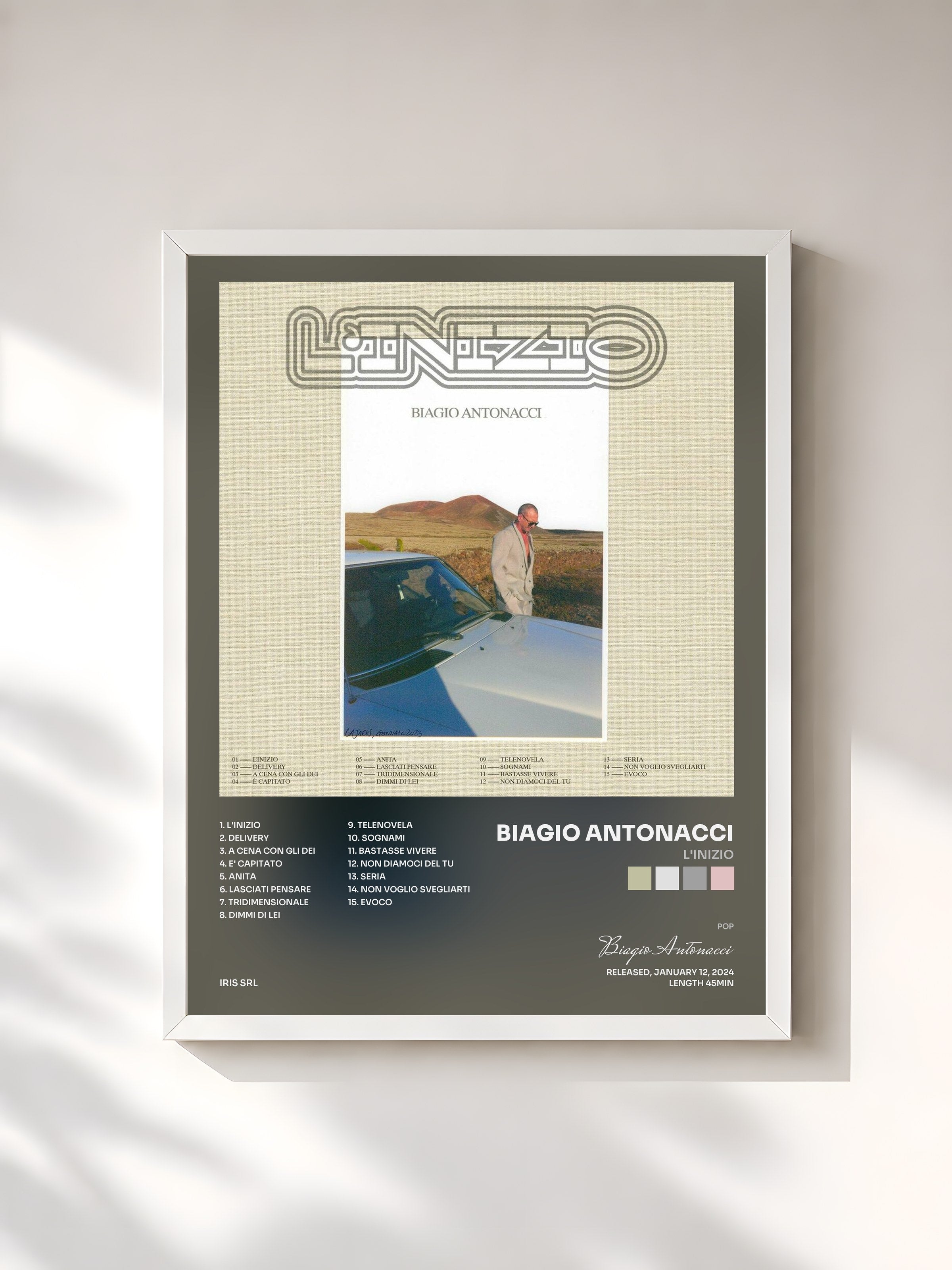 #blanc Tableau de l'album L'inizio de Biagio Antonacci, cadre blanc, imprimé et encadré en France
