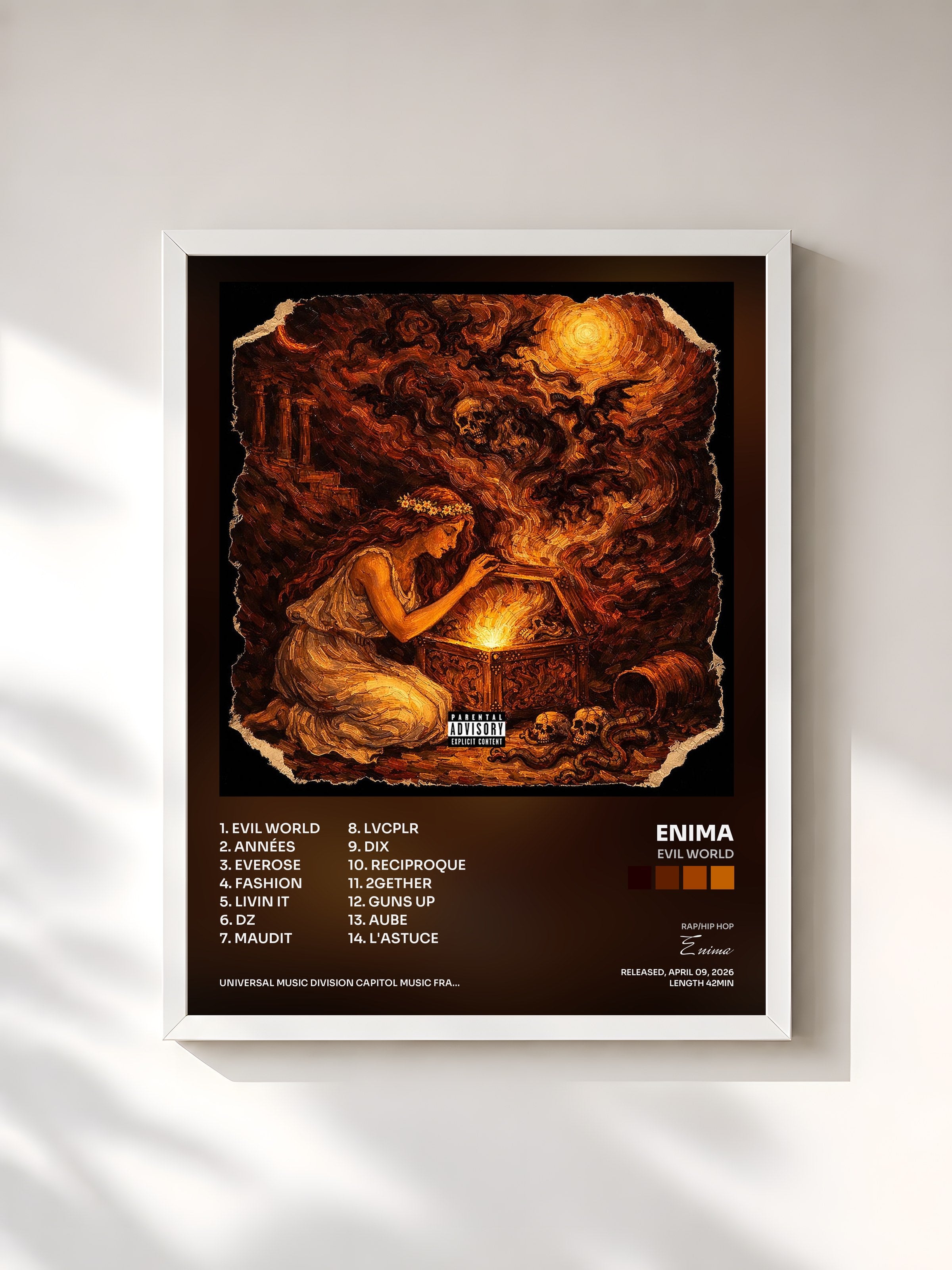 #blanc Tableau de l'album EVIL WORLD de Enima, cadre blanc, imprimé et encadré en France