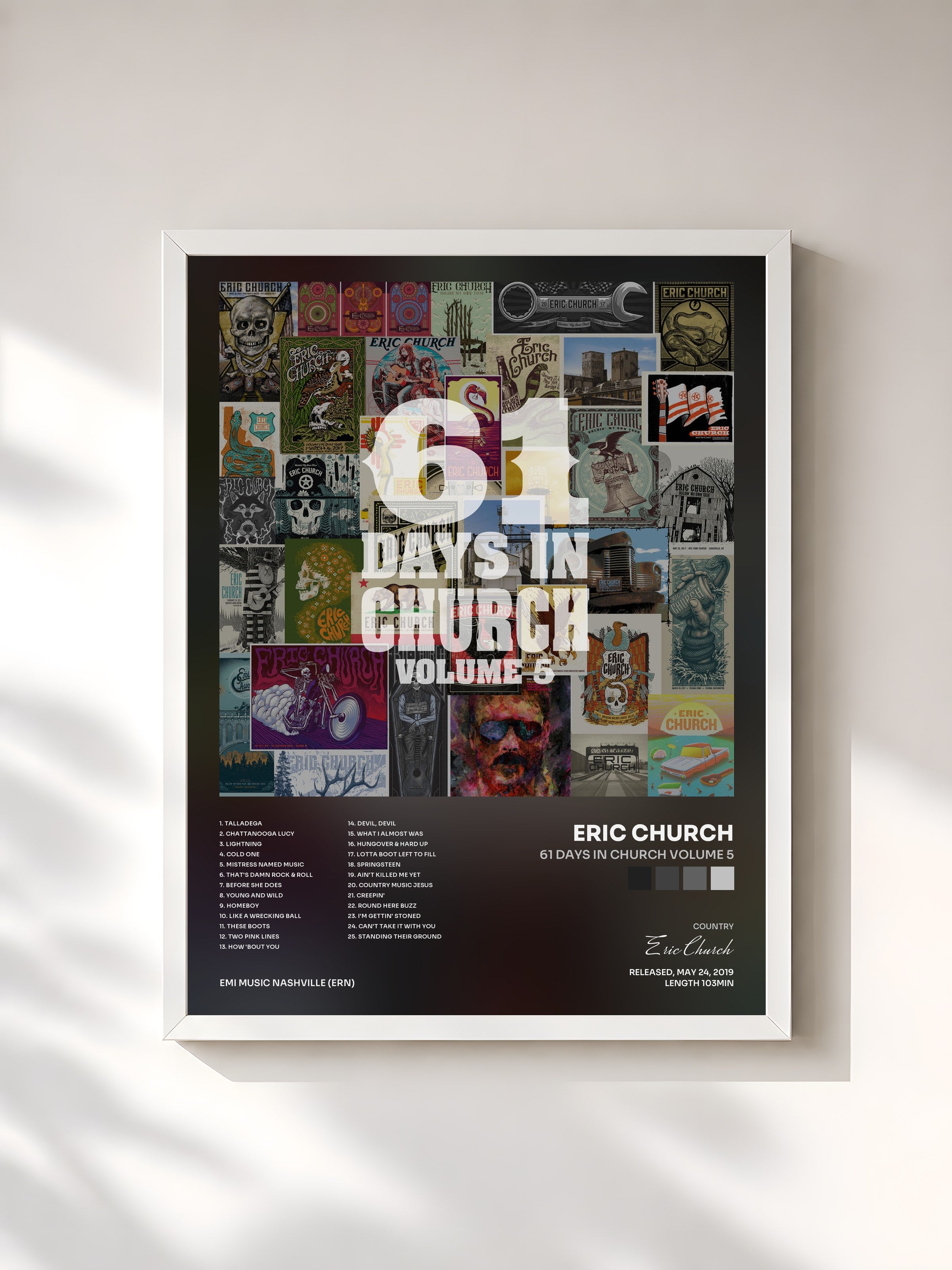 #blanc Tableau de l'album 61 Days In Church Volume 5 de Eric Church, cadre blanc, imprimé et encadré en France
