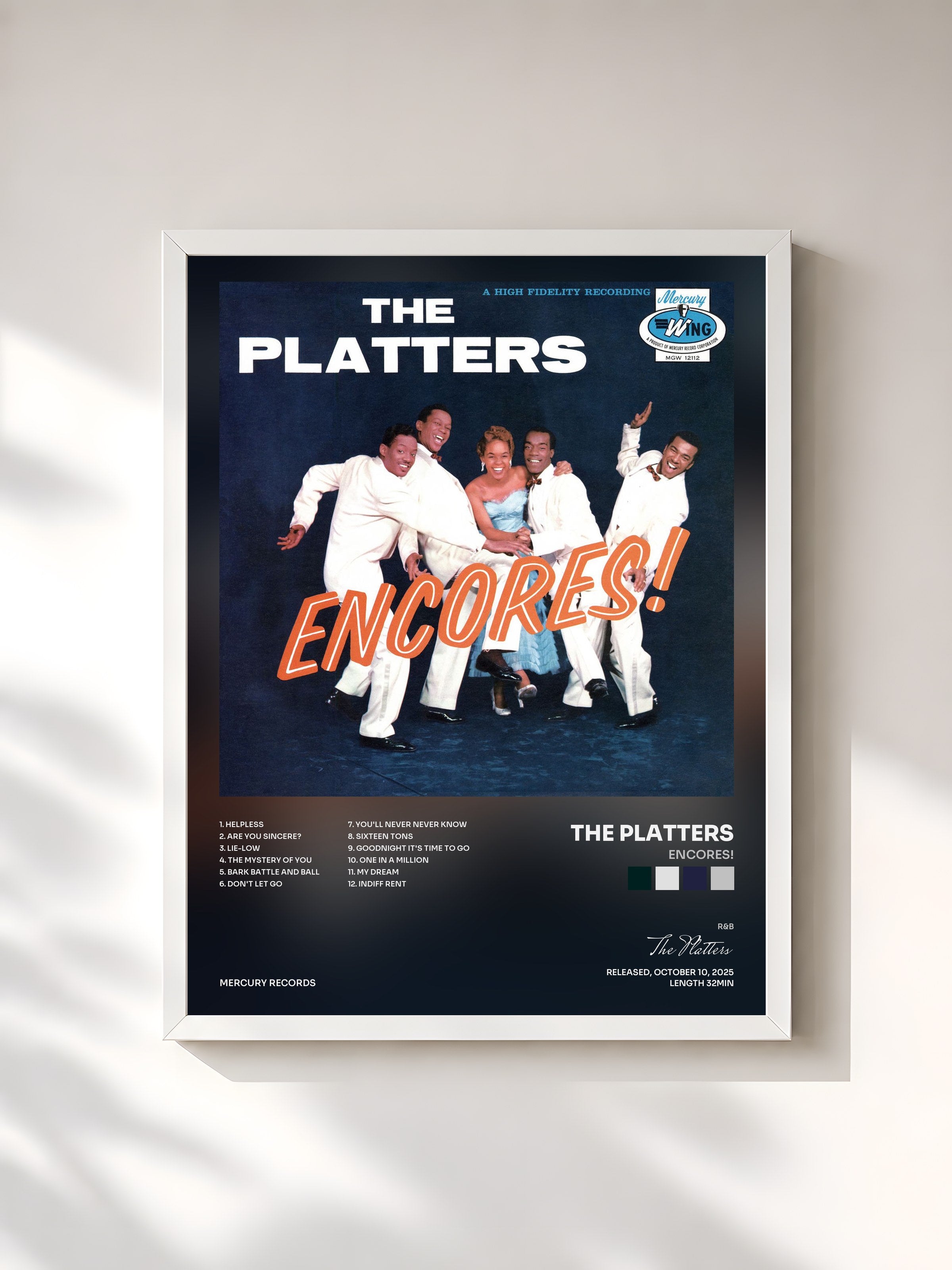 #blanc Tableau de l'album Encores! de The Platters, cadre blanc, imprimé et encadré en France
