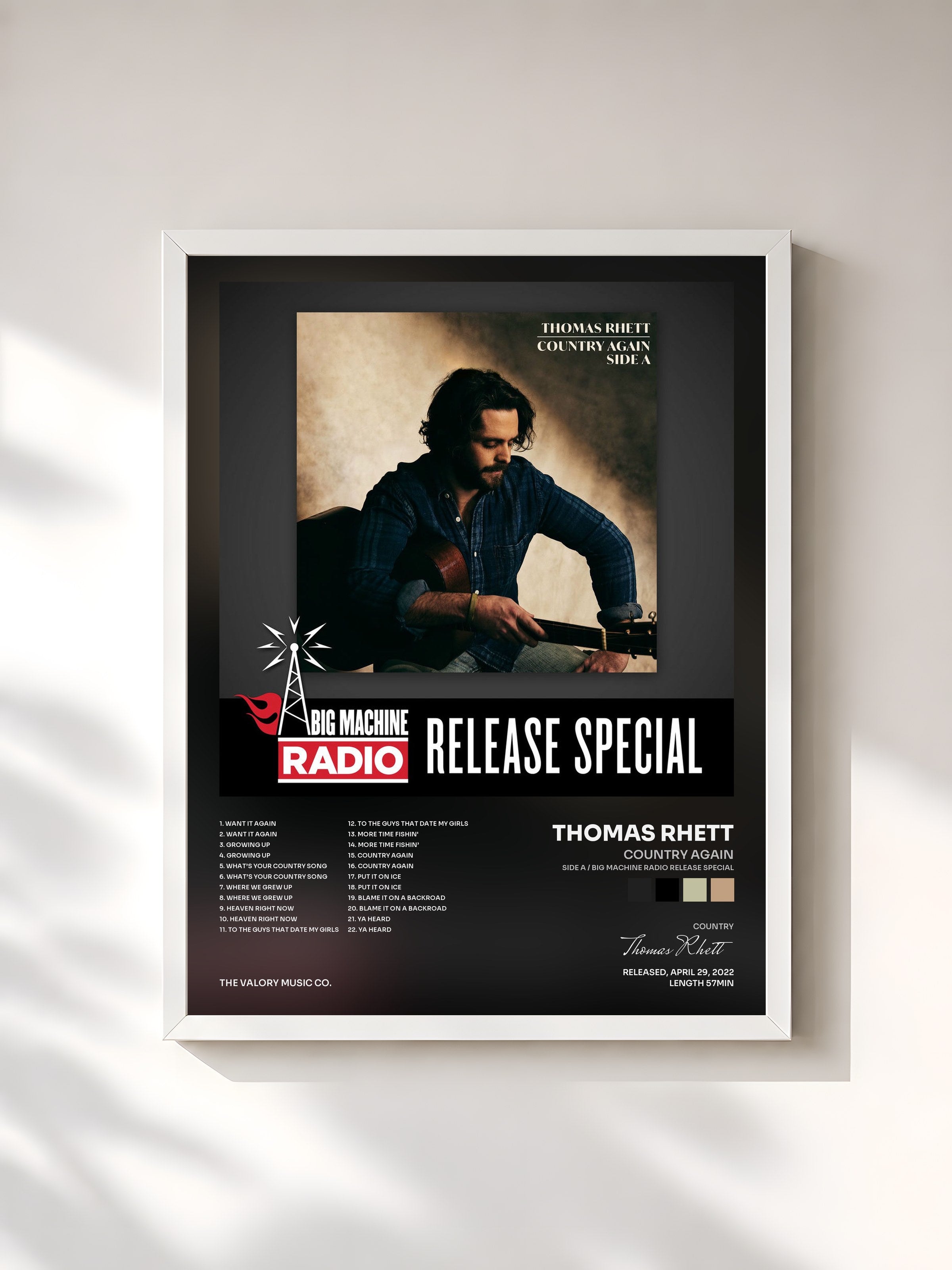 #blanc Tableau de l'album Country Again (Side A / Big Machine Radio Release Special) de Thomas Rhett, cadre blanc, imprimé et encadré en France