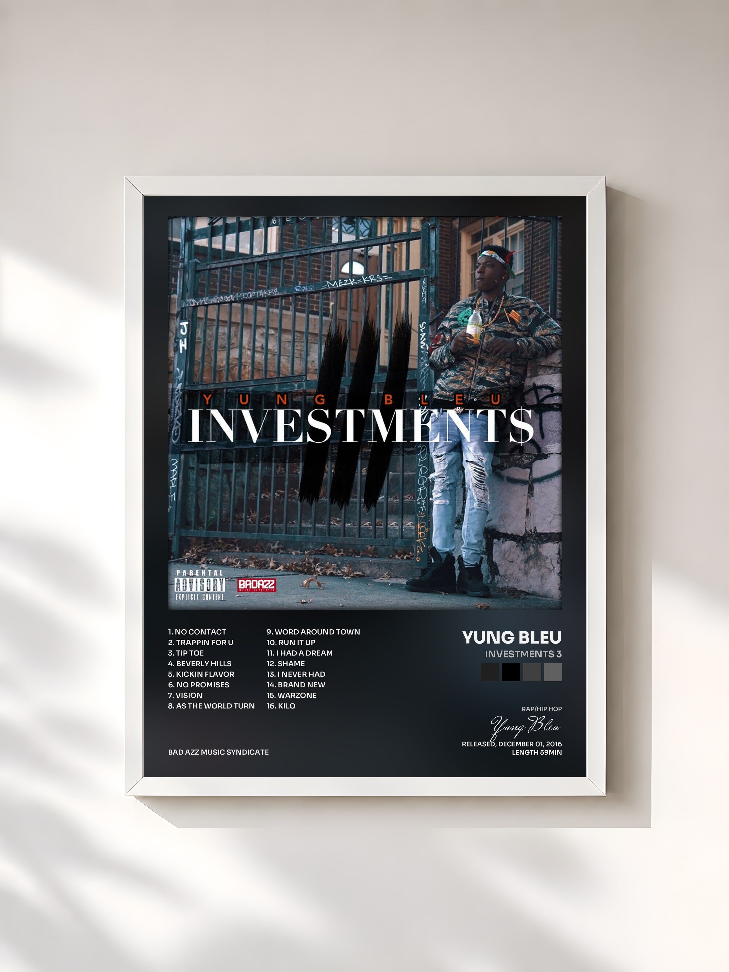 #blanc Tableau de l'album Investments 3 de Yung Bleu, cadre blanc, imprimé et encadré en France