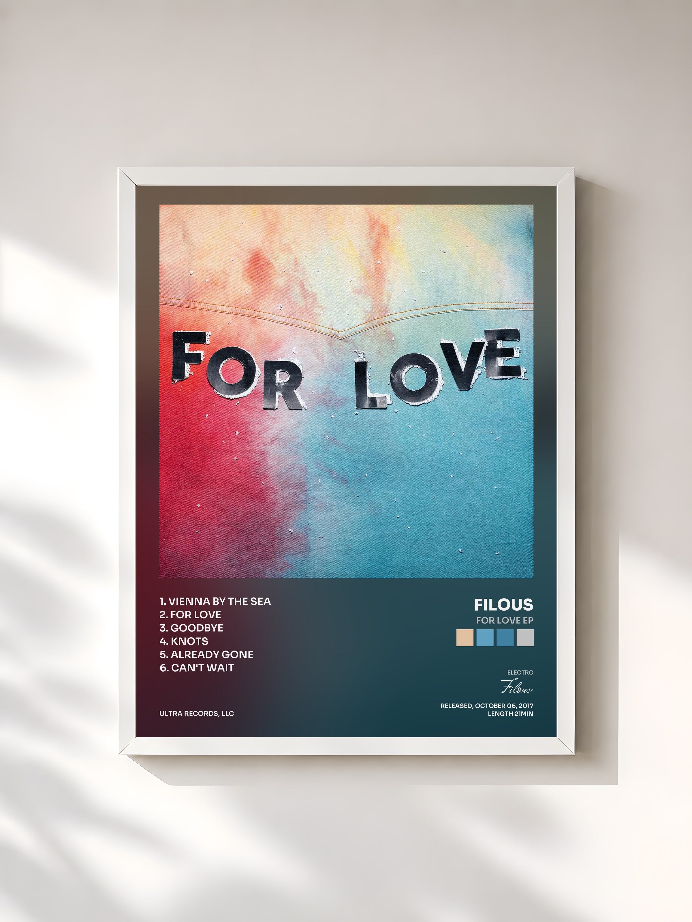 #blanc Tableau de l'album For Love EP de Filous, cadre blanc, imprimé et encadré en France
