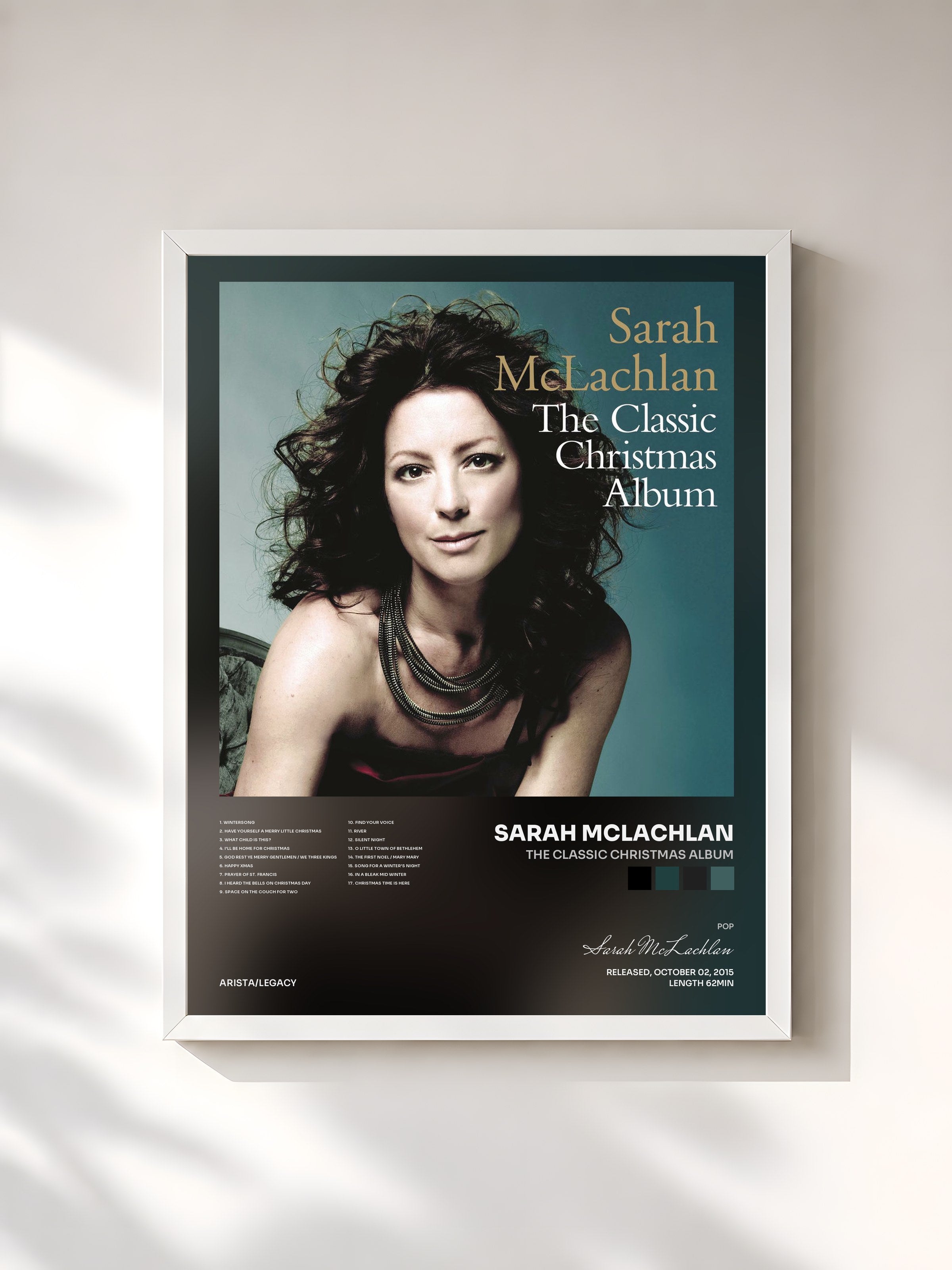 #blanc Tableau de l'album The Classic Christmas Album de Sarah McLachlan, cadre blanc, imprimé et encadré en France