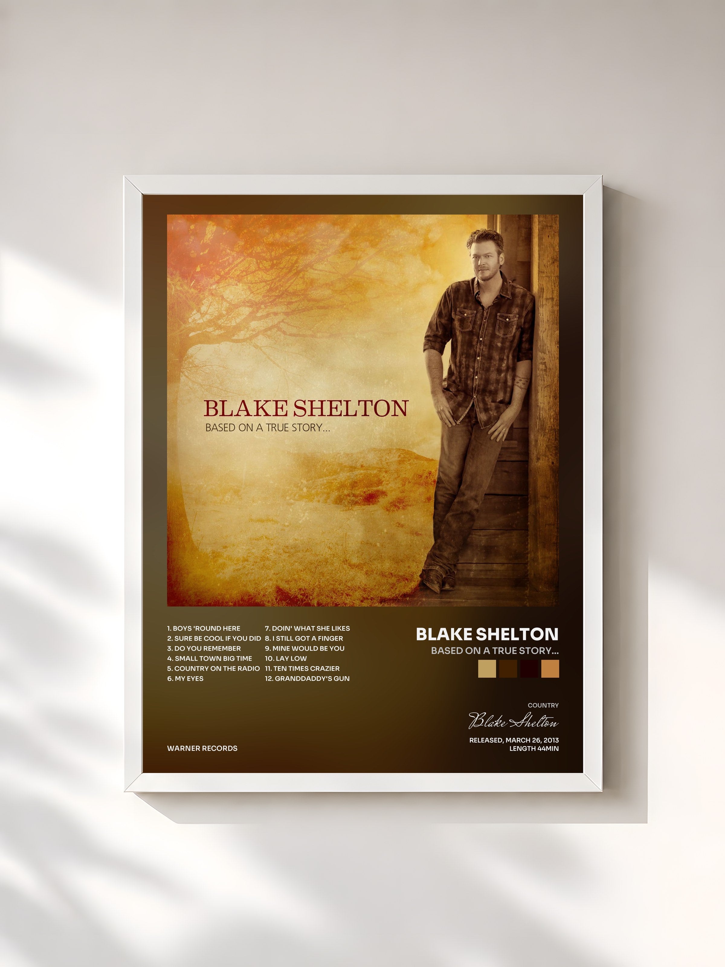 #blanc Tableau de l'album Based on a True Story... de Blake Shelton, cadre blanc, imprimé et encadré en France