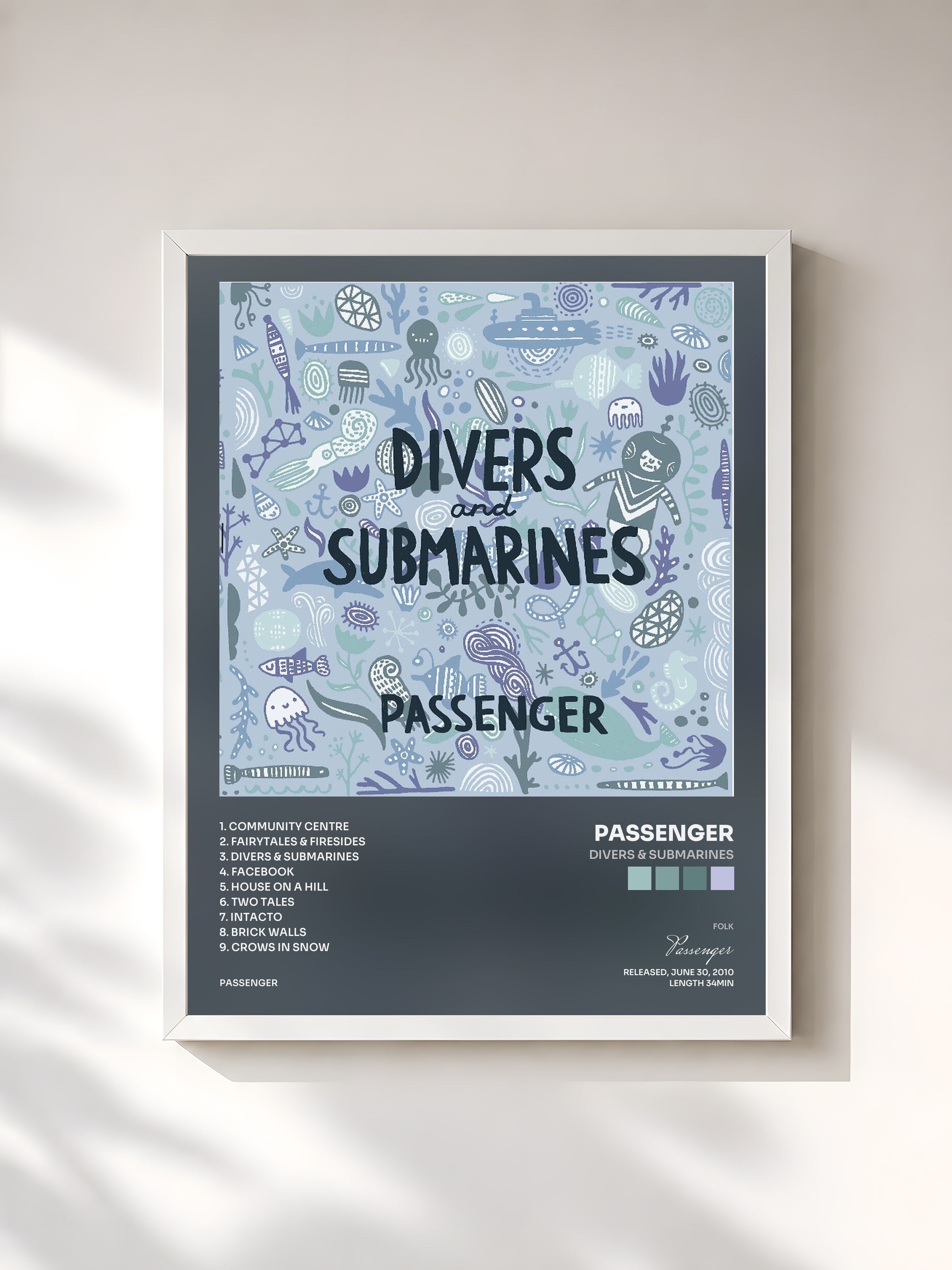 #blanc Tableau de l'album Divers & Submarines de Passenger, cadre blanc, imprimé et encadré en France
