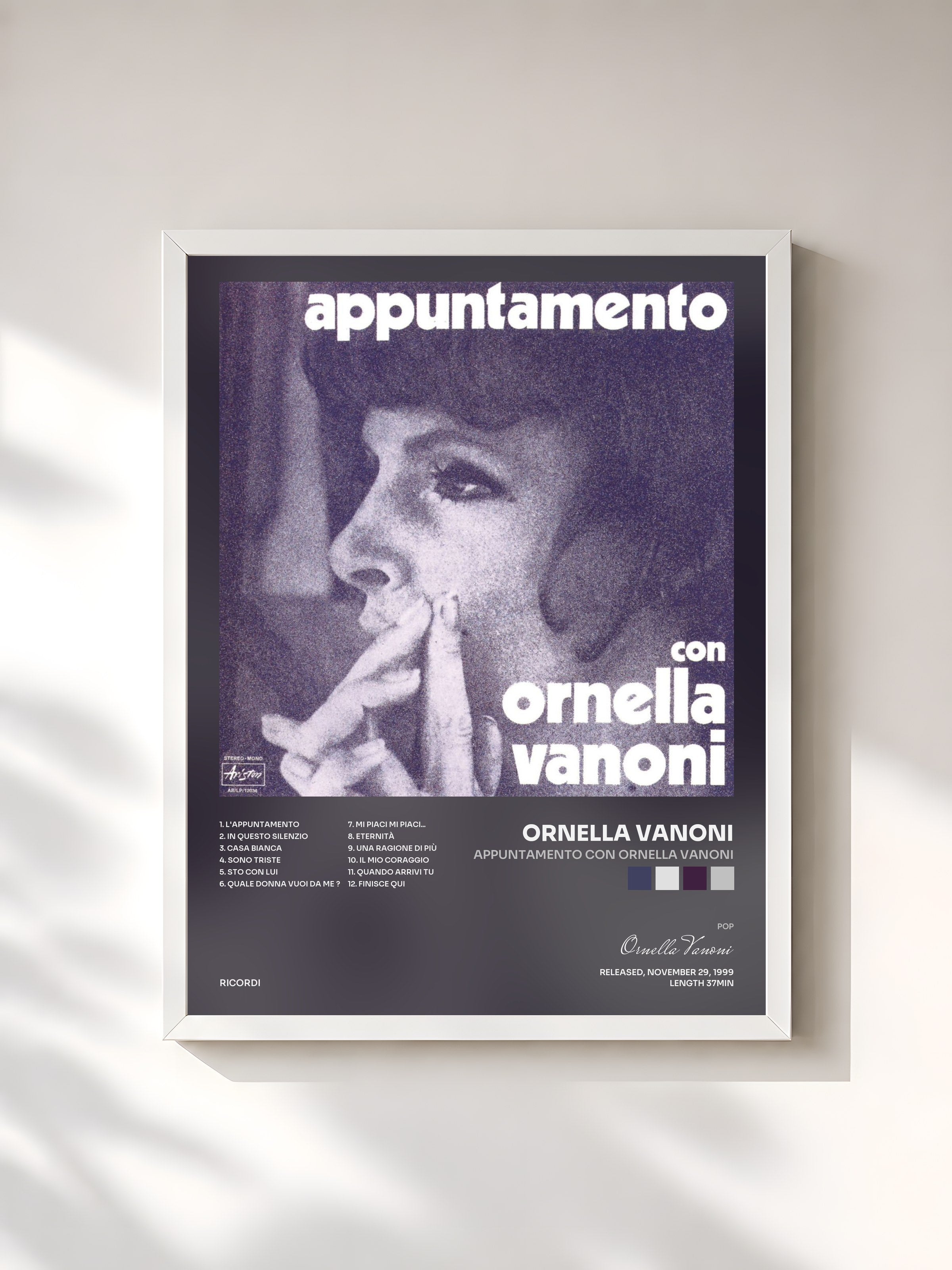 #blanc Tableau de l'album Appuntamento Con Ornella Vanoni de Ornella Vanoni, cadre blanc, imprimé et encadré en France