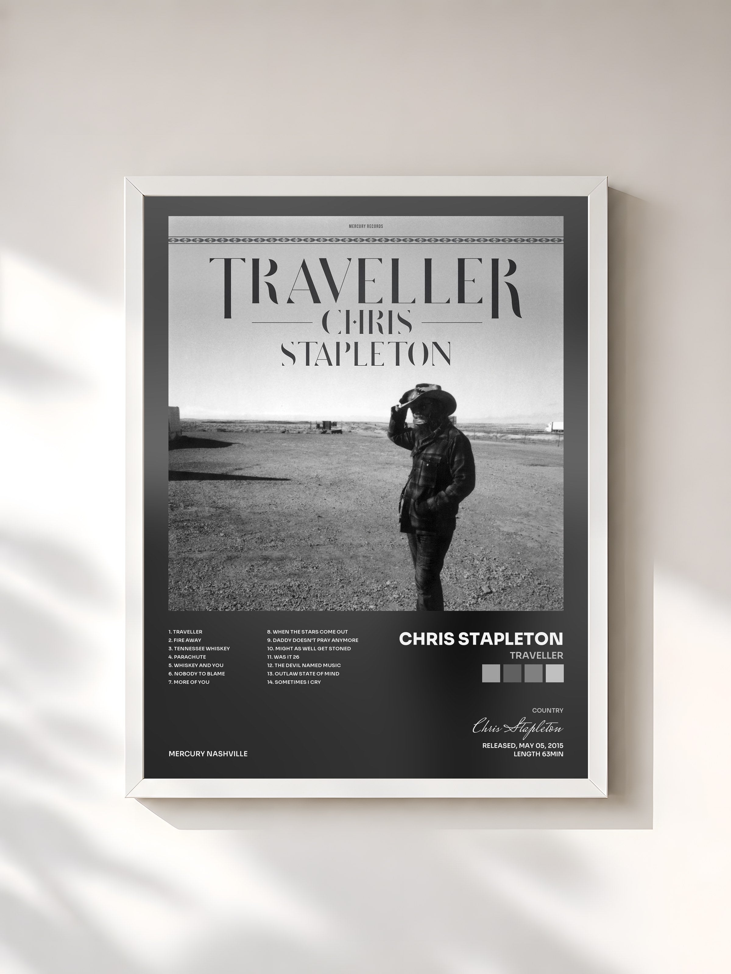 #blanc Tableau de l'album Traveller de Chris Stapleton, cadre blanc, imprimé et encadré en France
