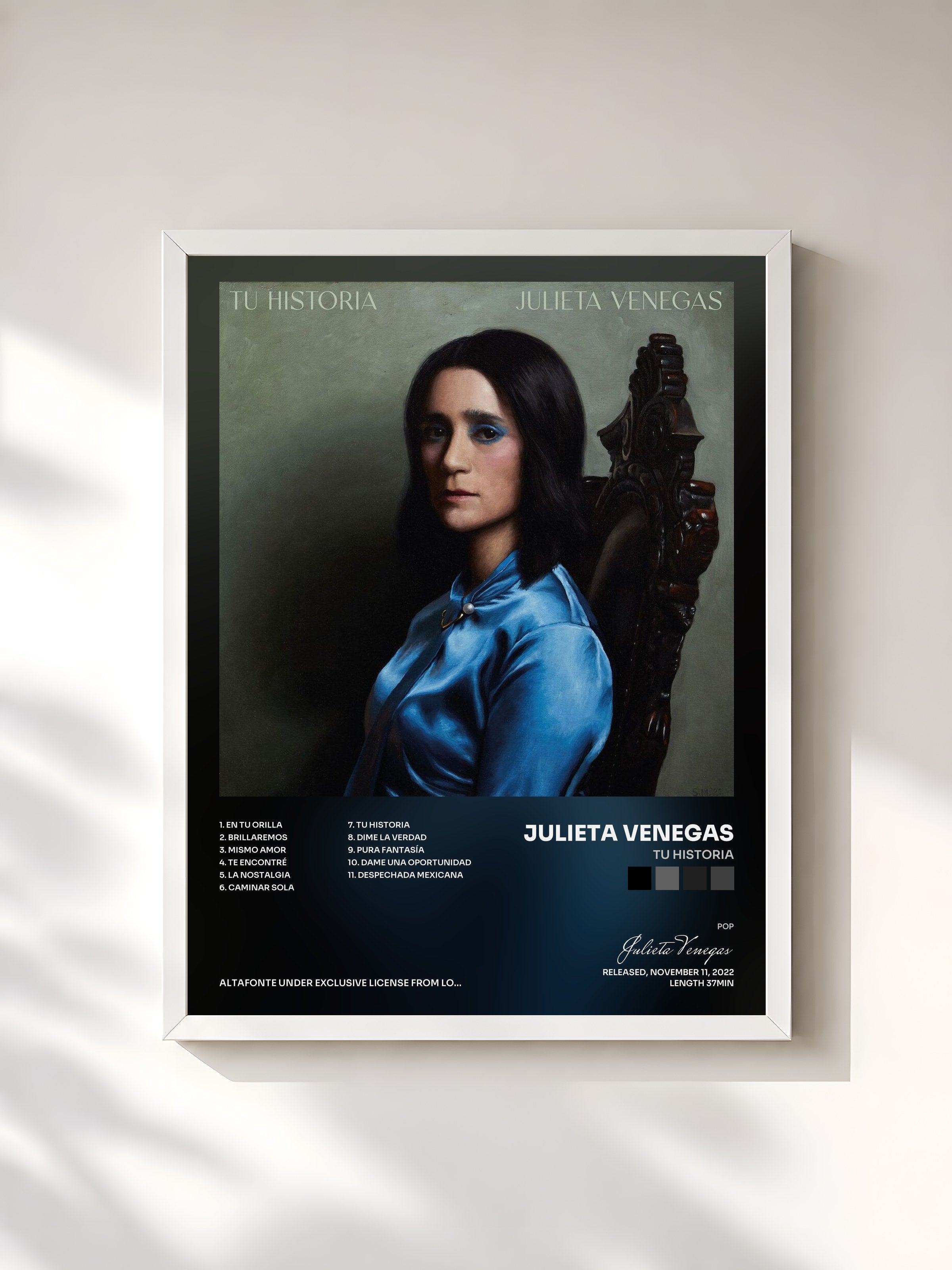 #blanc Tableau de l'album Tu Historia de Julieta Venegas, cadre blanc, imprimé et encadré en France