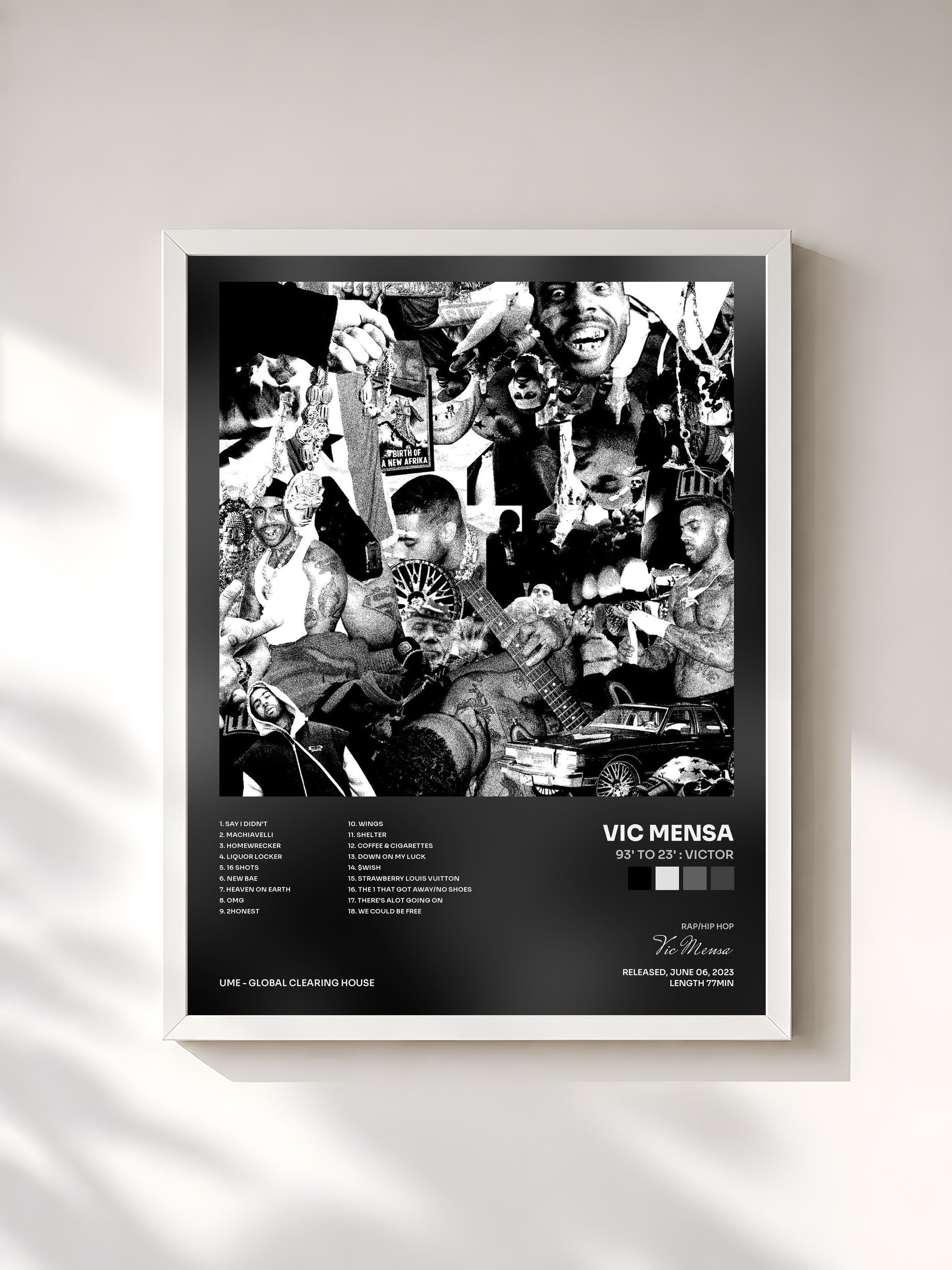 #blanc Tableau de l'album 93' to 23' : VICTOR de Vic Mensa, cadre blanc, imprimé et encadré en France