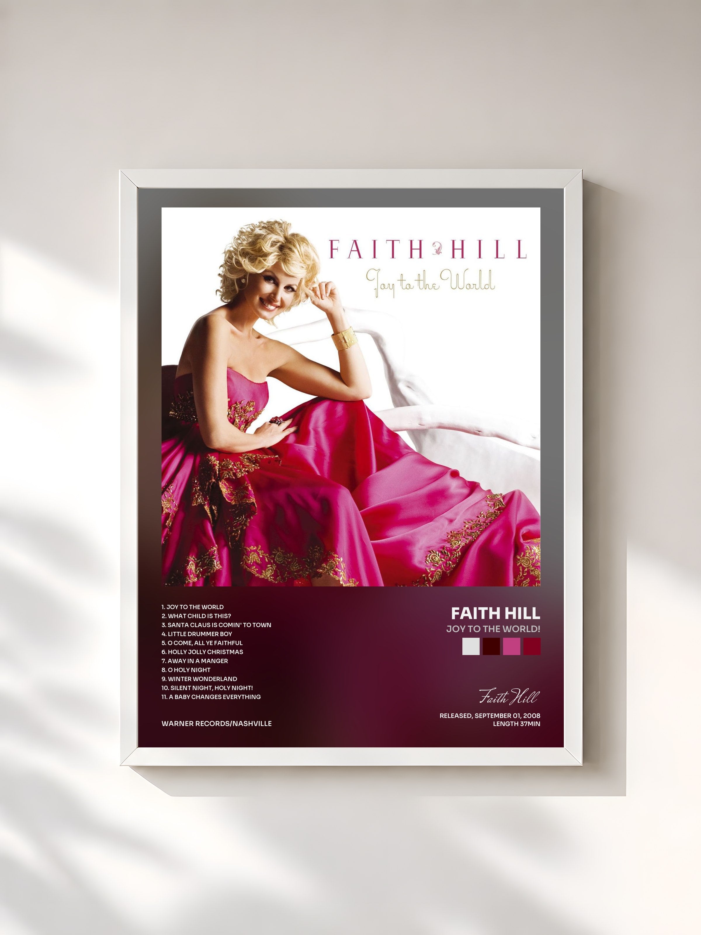 #blanc Tableau de l'album Joy to the World! de Faith Hill, cadre blanc, imprimé et encadré en France