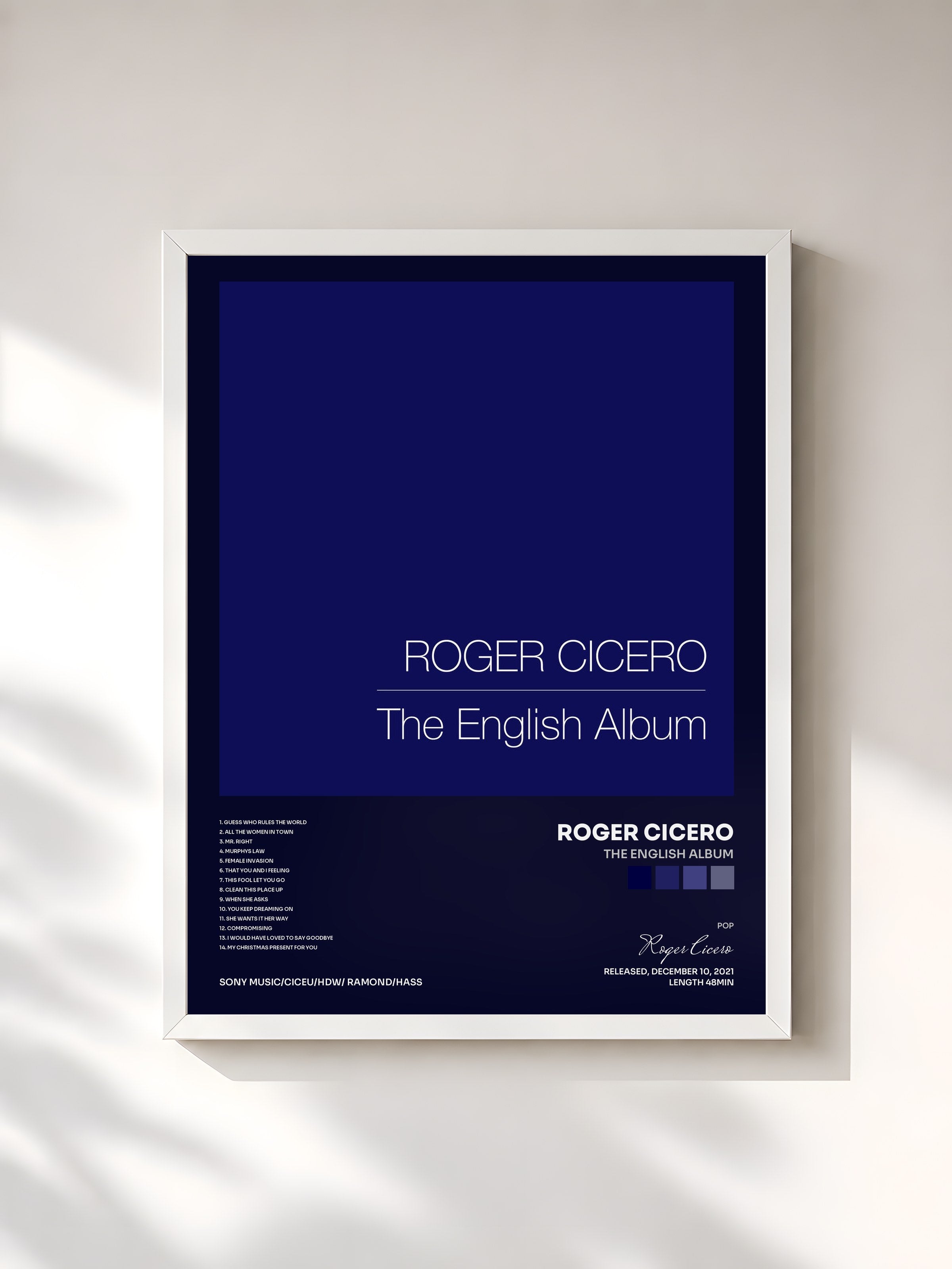 #blanc Tableau de l'album The English Album de Roger Cicero, cadre blanc, imprimé et encadré en France