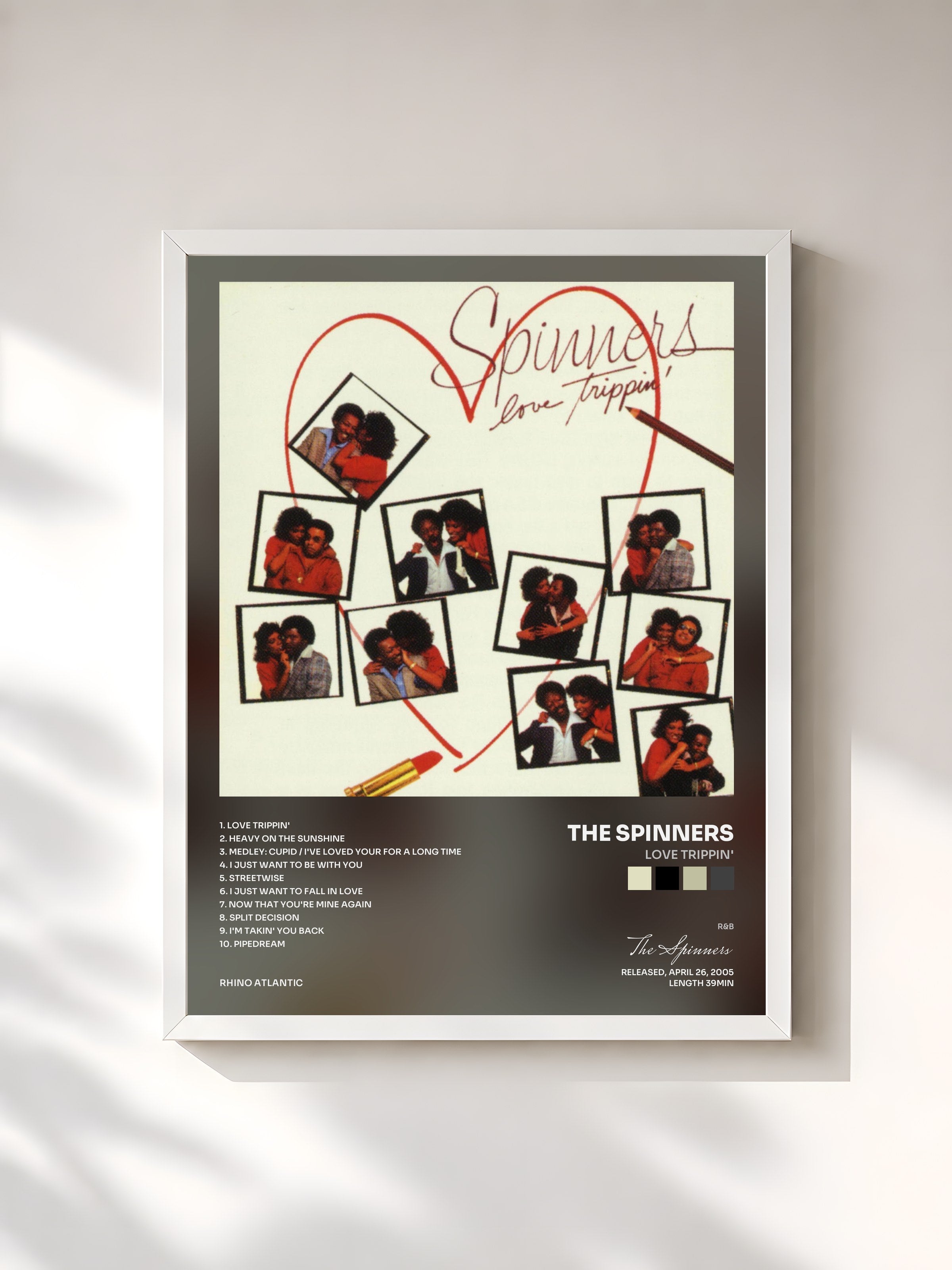 #blanc Tableau de l'album Love Trippin' de The Spinners, cadre blanc, imprimé et encadré en France