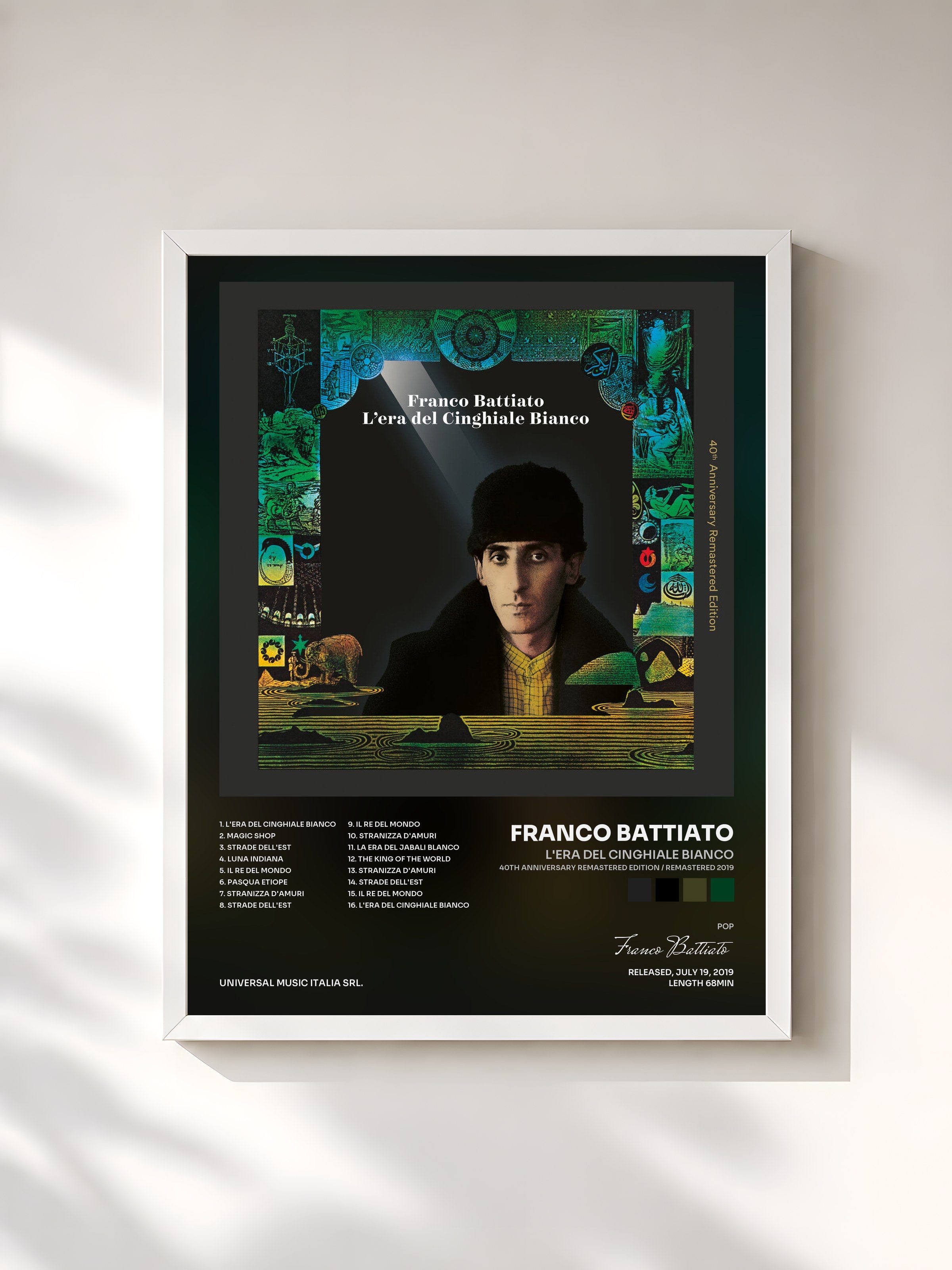 #blanc Tableau de l'album L'Era Del Cinghiale Bianco (40th Anniversary Remastered Edition / Remastered 2019) de Franco Battiato, cadre blanc, imprimé et encadré en France