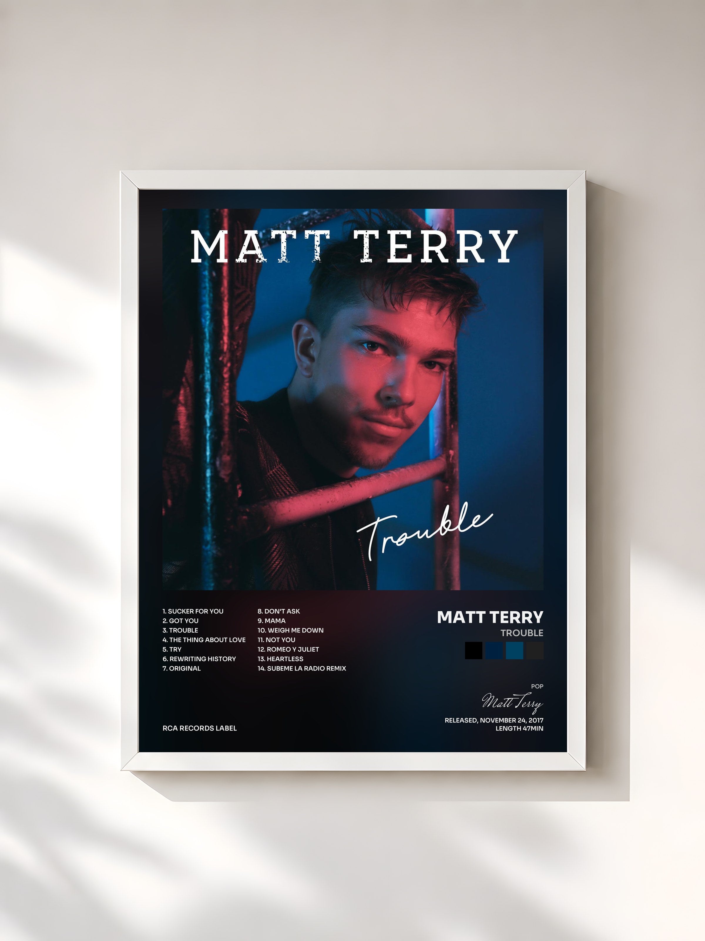 #blanc Tableau de l'album Trouble de Matt Terry, cadre blanc, imprimé et encadré en France