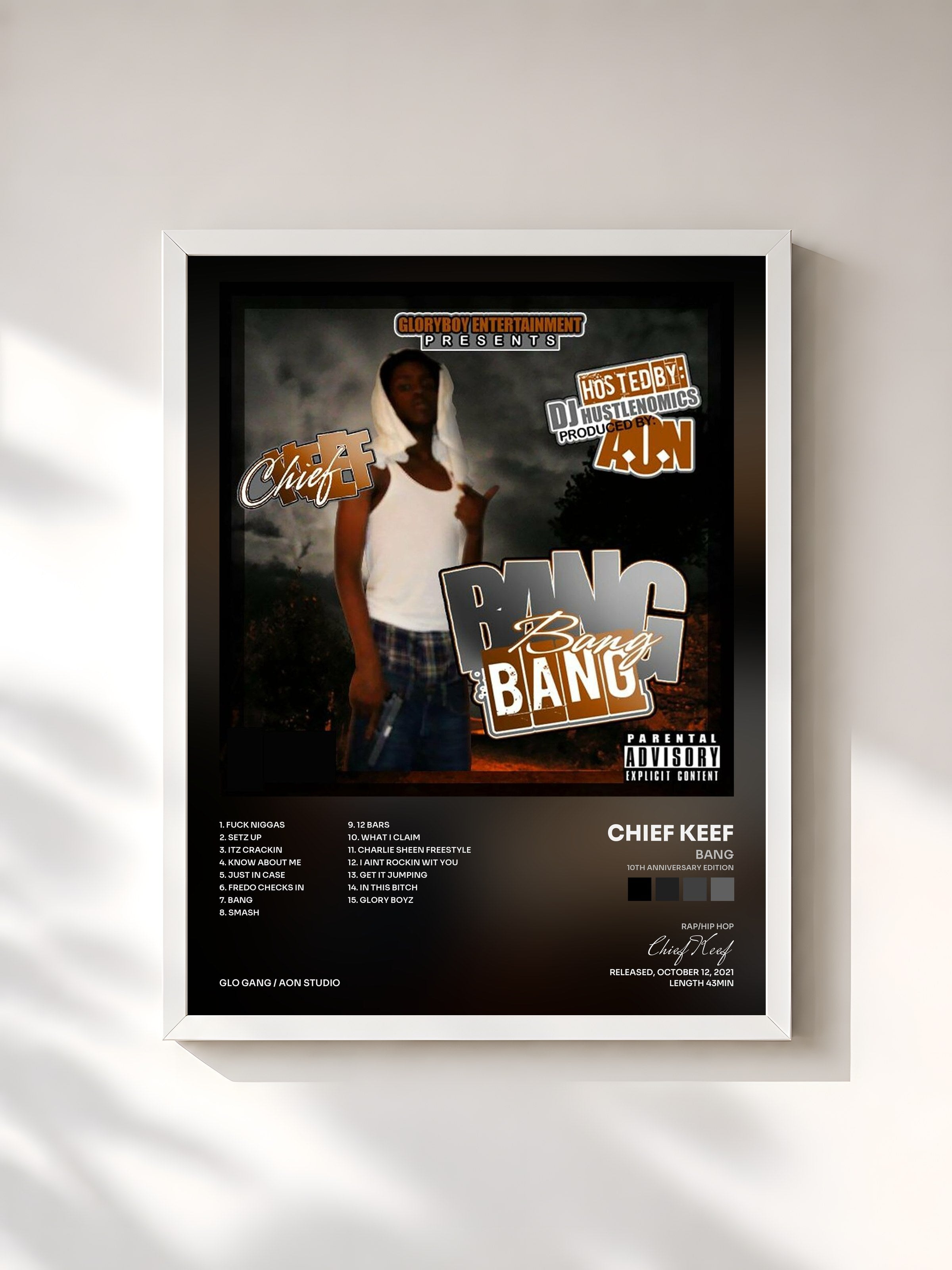 #blanc Tableau de l'album Bang (10th Anniversary Edition) de Chief Keef, cadre blanc, imprimé et encadré en France