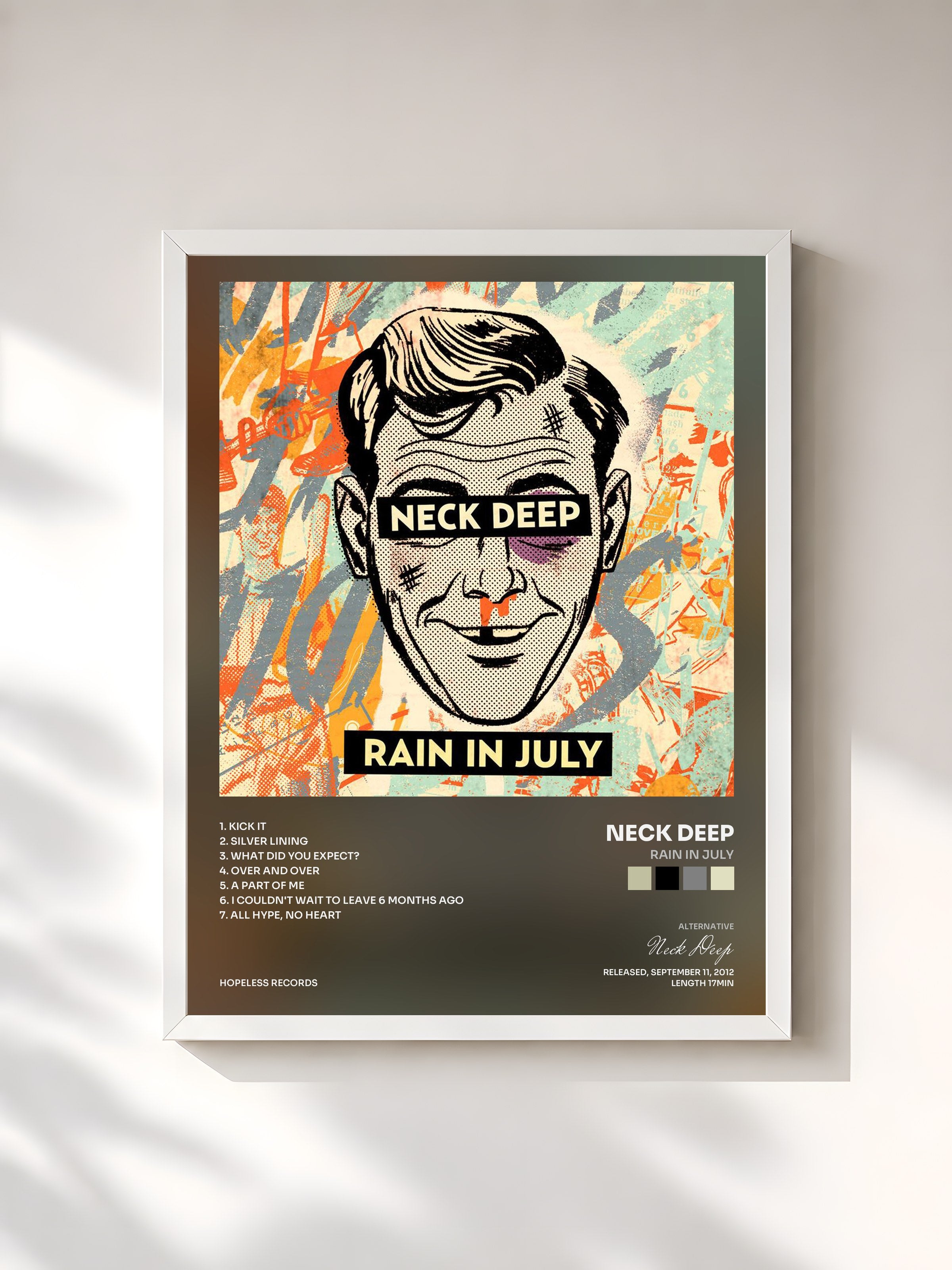 #blanc Tableau de l'album Rain In July de Neck Deep, cadre blanc, imprimé et encadré en France