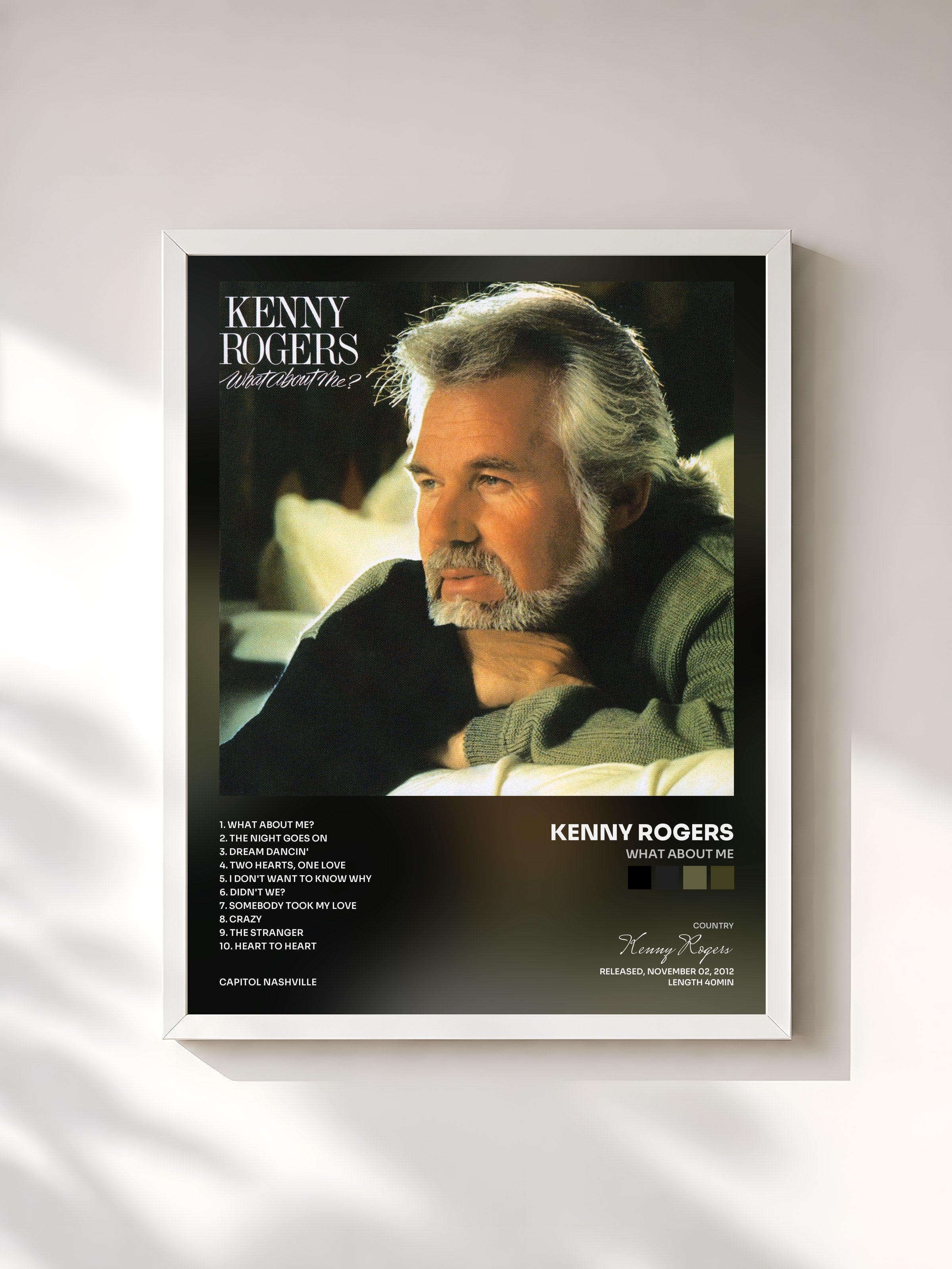 #blanc Tableau de l'album What About Me de Kenny Rogers, cadre blanc, imprimé et encadré en France
