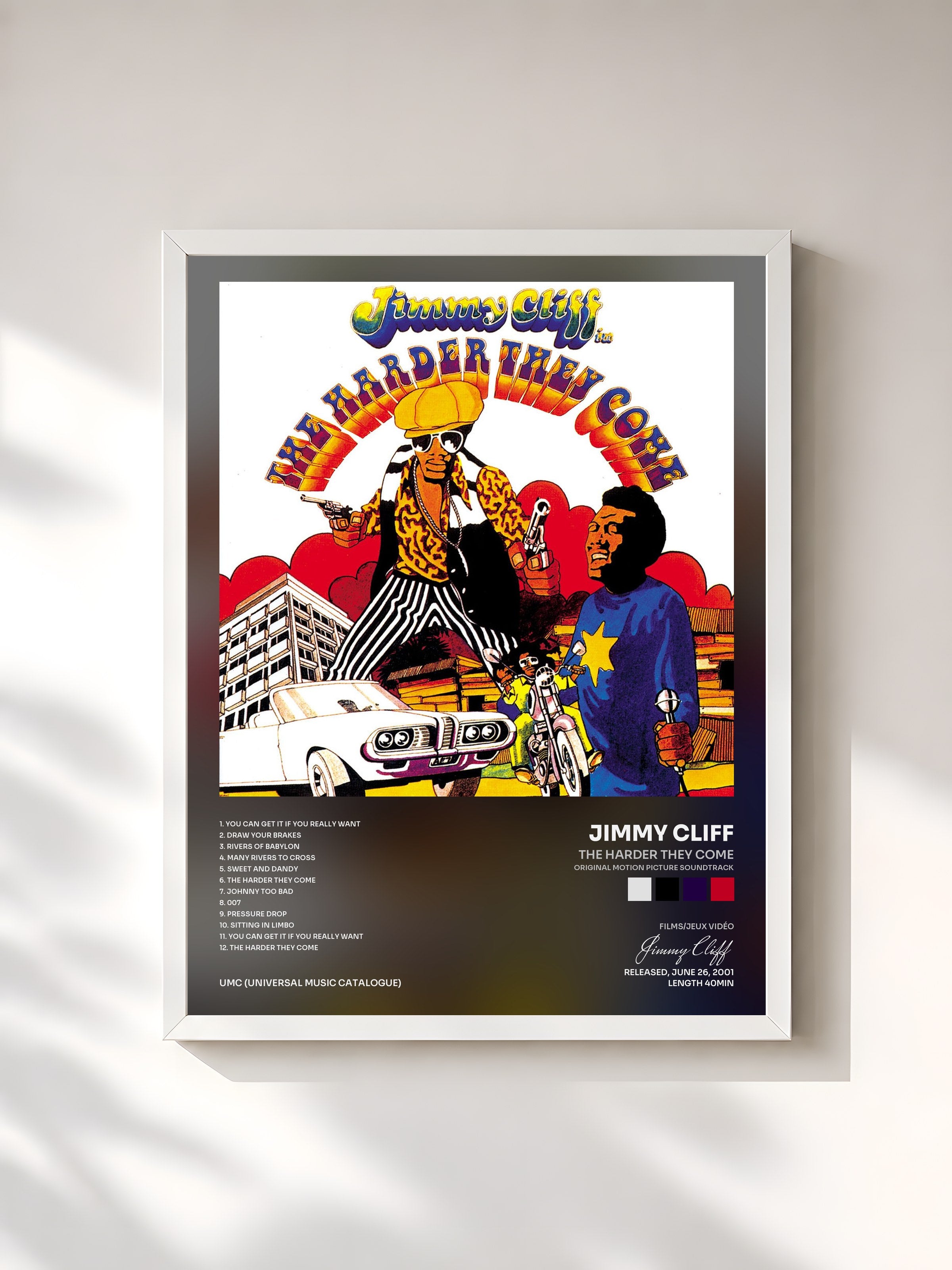 #blanc Tableau de l'album The Harder They Come (Original Motion Picture Soundtrack) de Jimmy Cliff, cadre blanc, imprimé et encadré en France