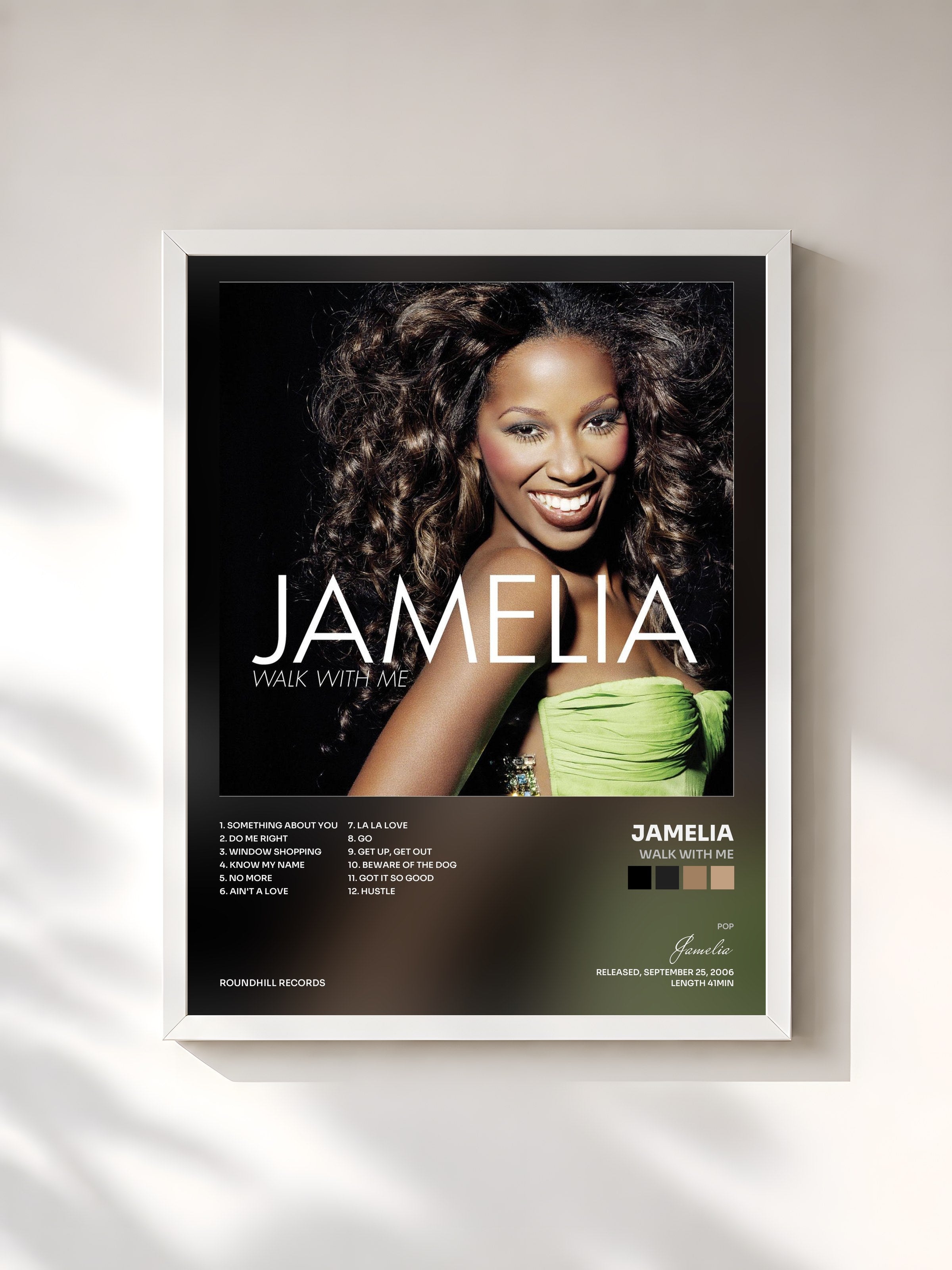 #blanc Tableau de l'album Walk with Me de Jamelia, cadre blanc, imprimé et encadré en France