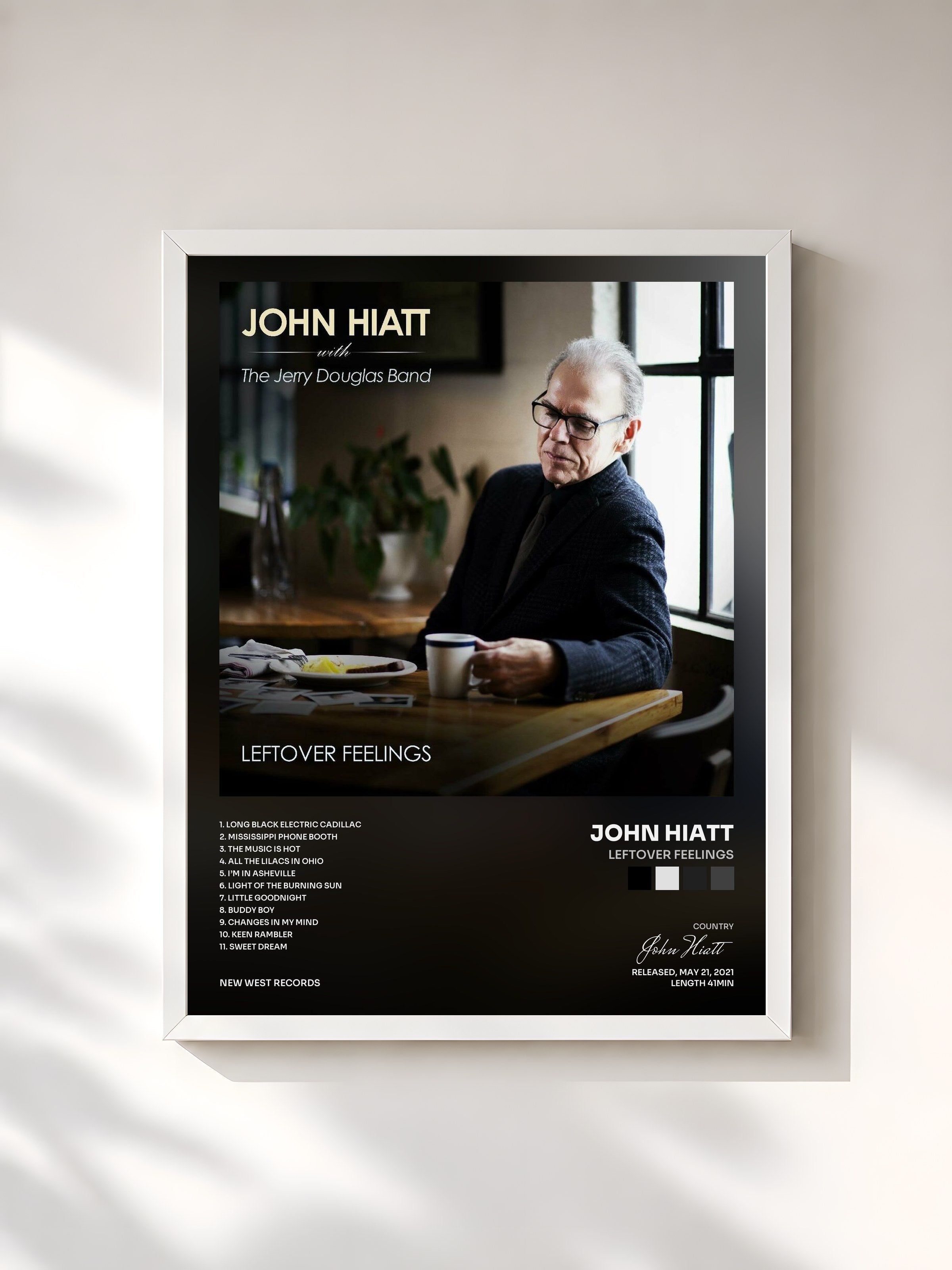 #blanc Tableau de l'album Leftover Feelings de John Hiatt, cadre blanc, imprimé et encadré en France