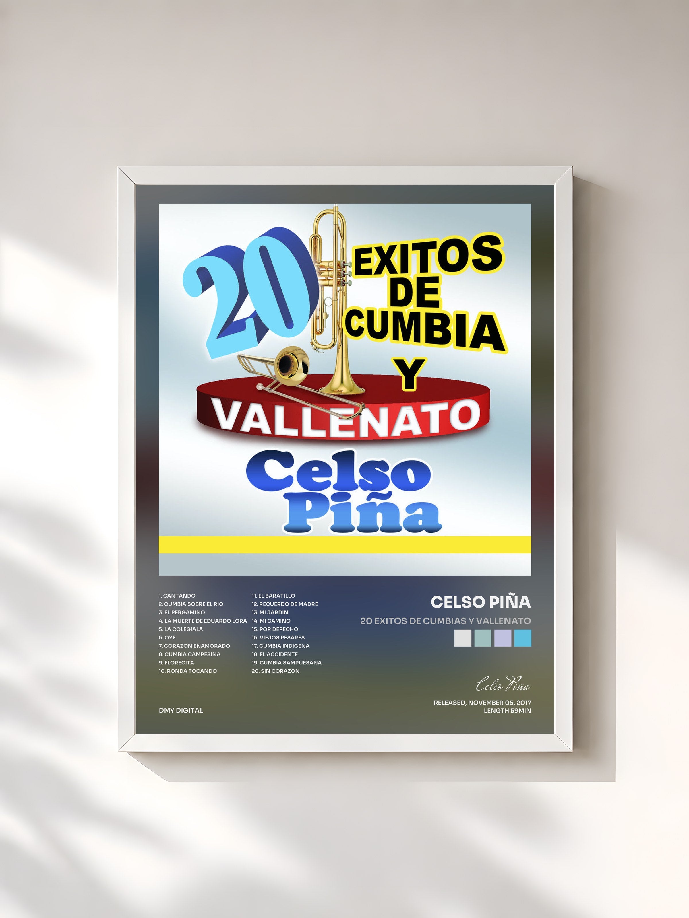 #blanc Tableau de l'album 20 Exitos De Cumbias Y Vallenato de Celso Piña, cadre blanc, imprimé et encadré en France