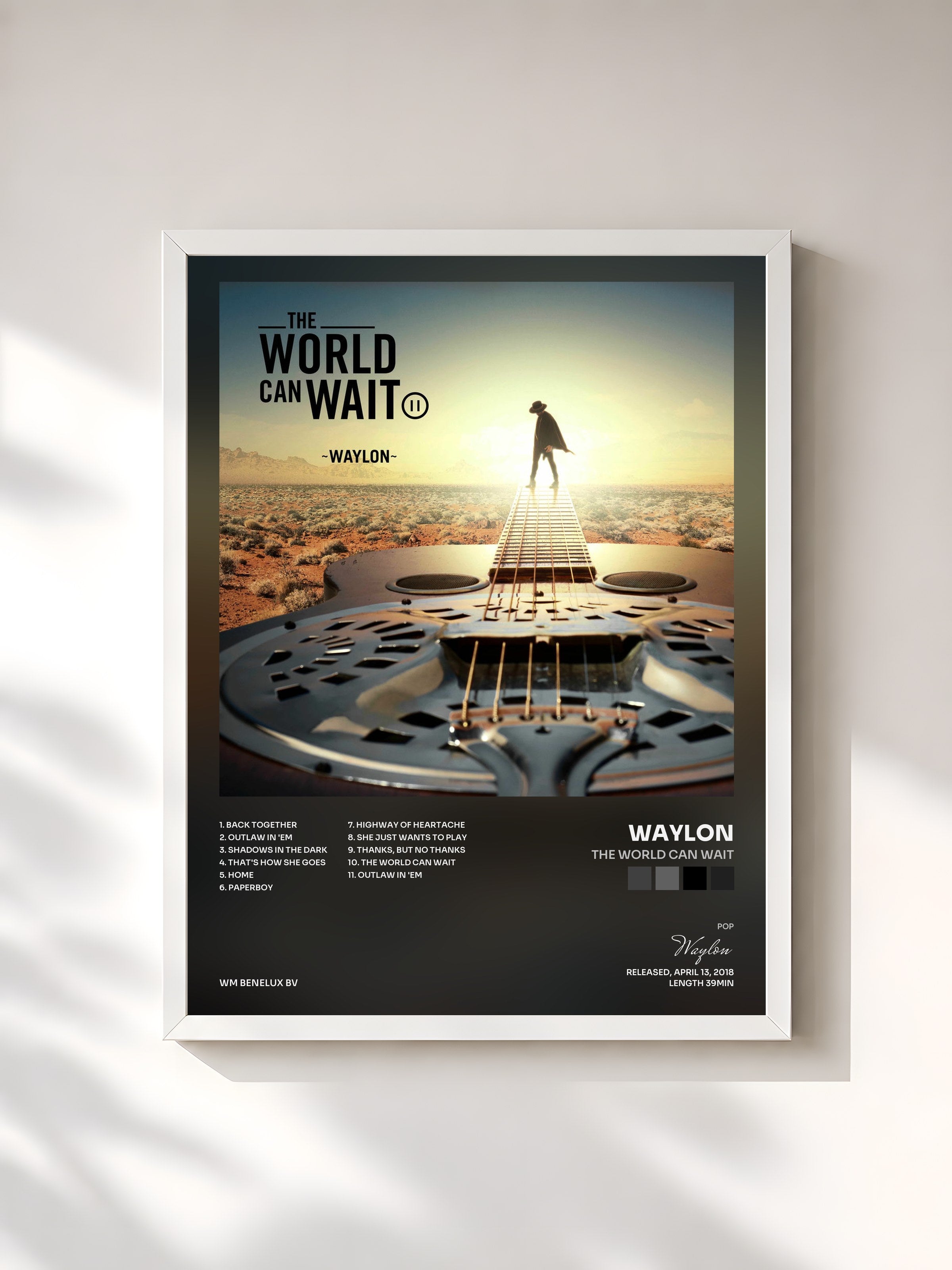 #blanc Tableau de l'album The World Can Wait de Waylon, cadre blanc, imprimé et encadré en France