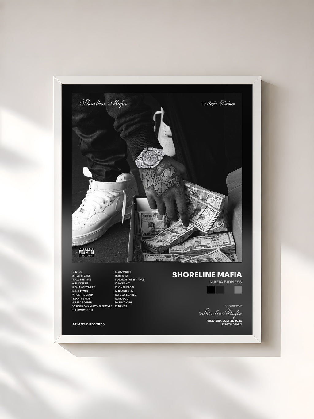 #blanc Tableau de l'album Mafia Bidness de Shoreline Mafia, cadre blanc, imprimé et encadré en France
