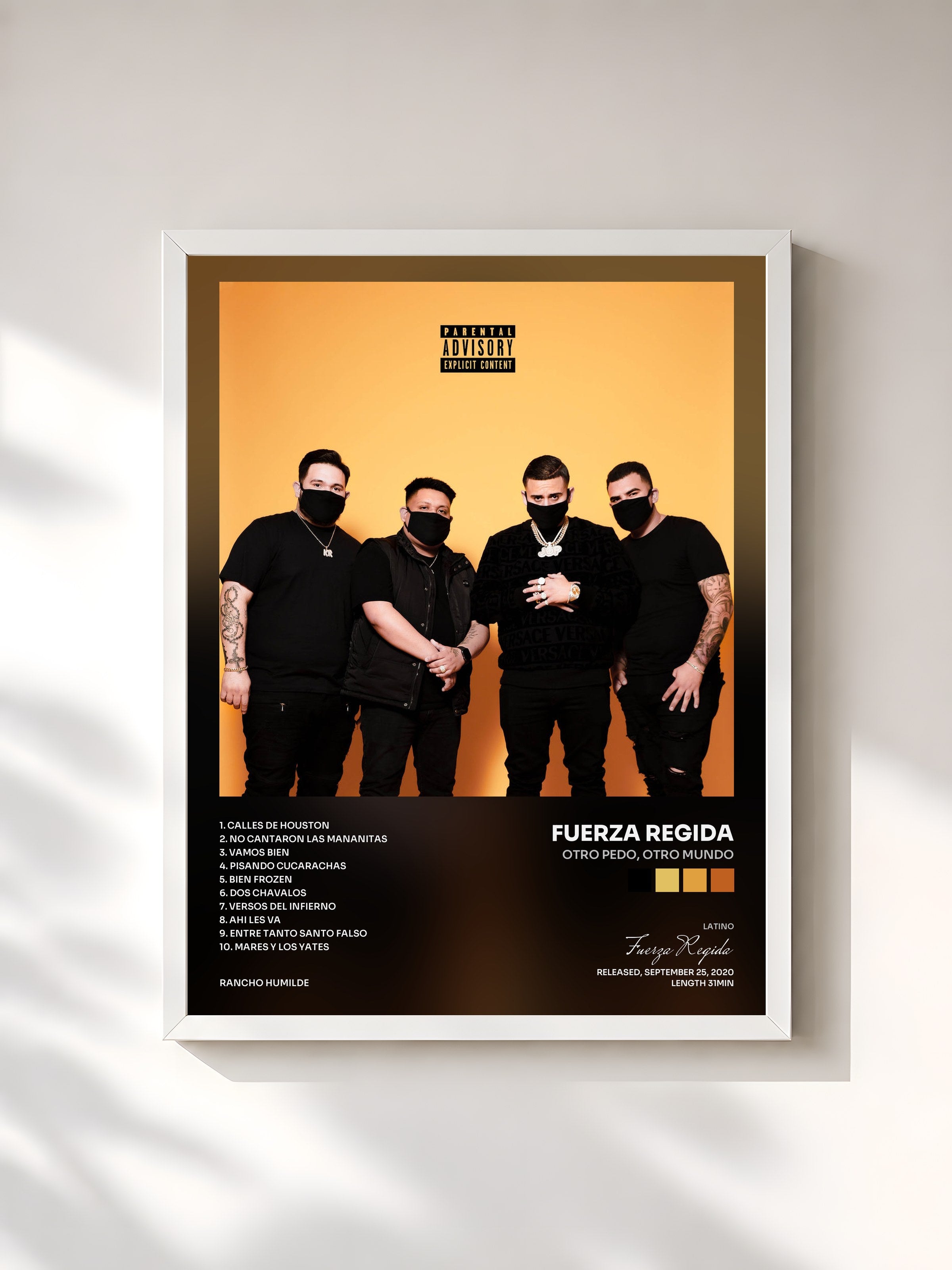 #blanc Tableau de l'album Otro Pedo, Otro Mundo de Fuerza Regida, cadre blanc, imprimé et encadré en France