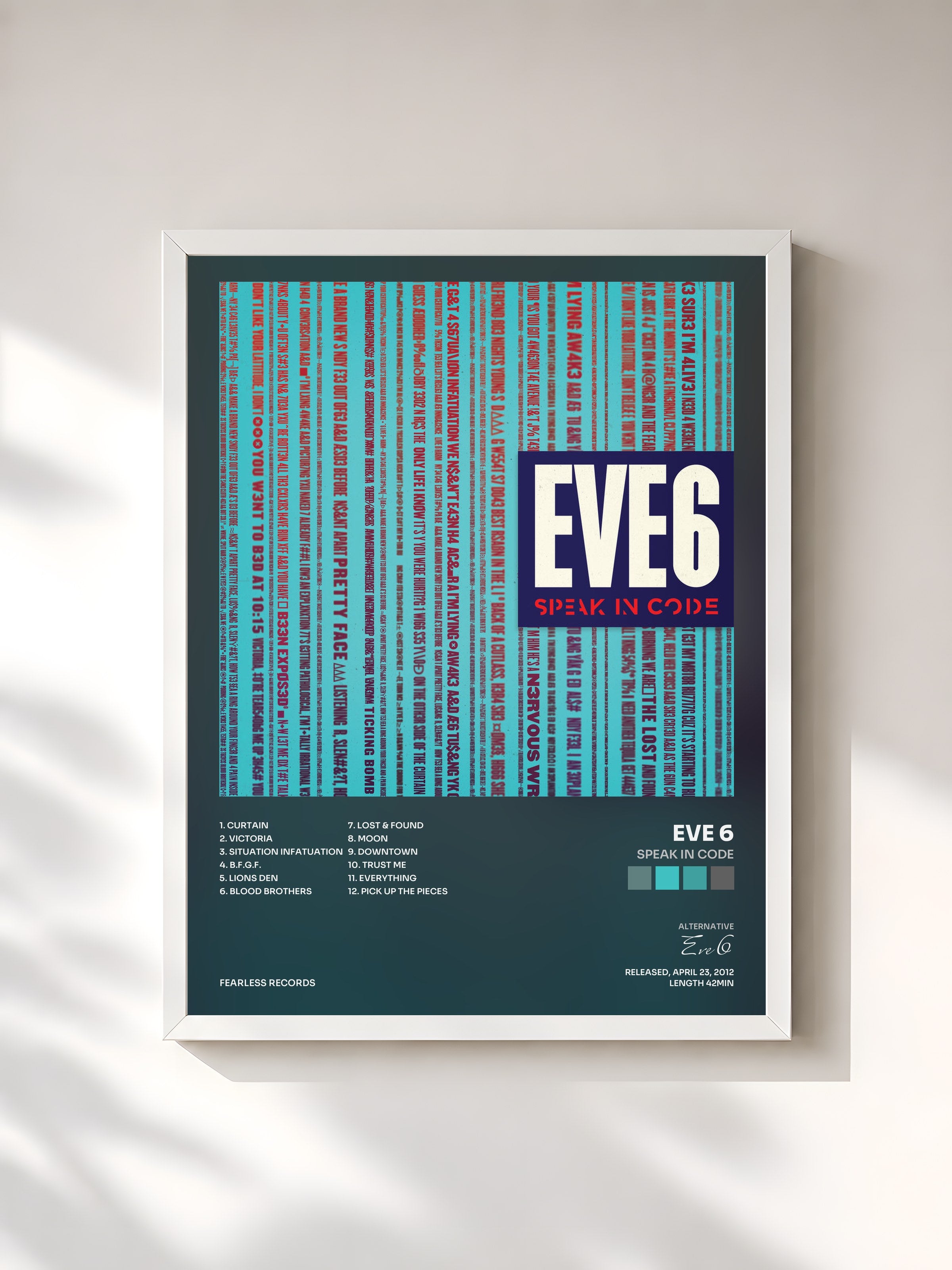 #blanc Tableau de l'album Speak In Code de Eve 6, cadre blanc, imprimé et encadré en France