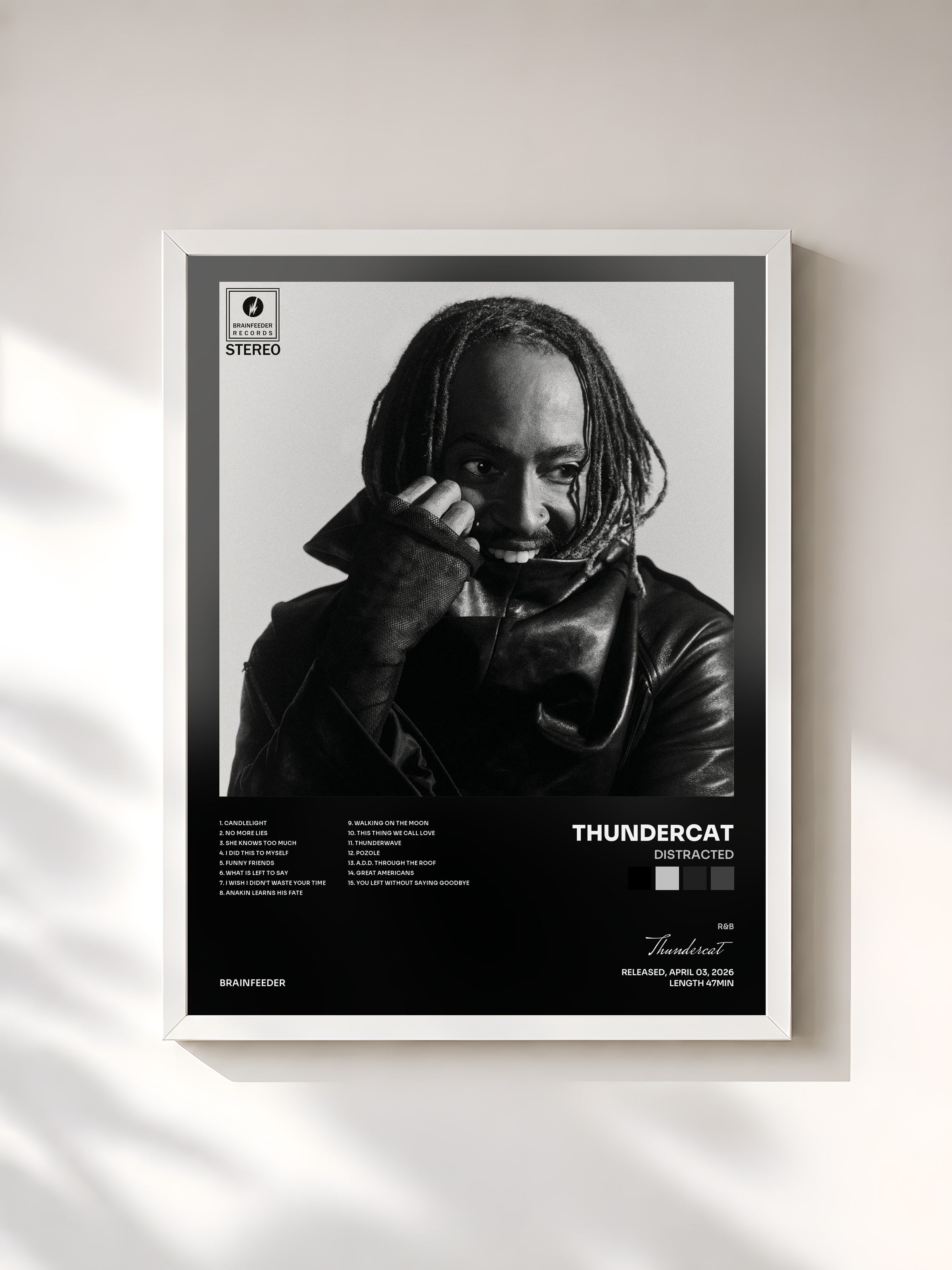 #blanc Tableau de l'album Distracted de Thundercat, cadre blanc, imprimé et encadré en France