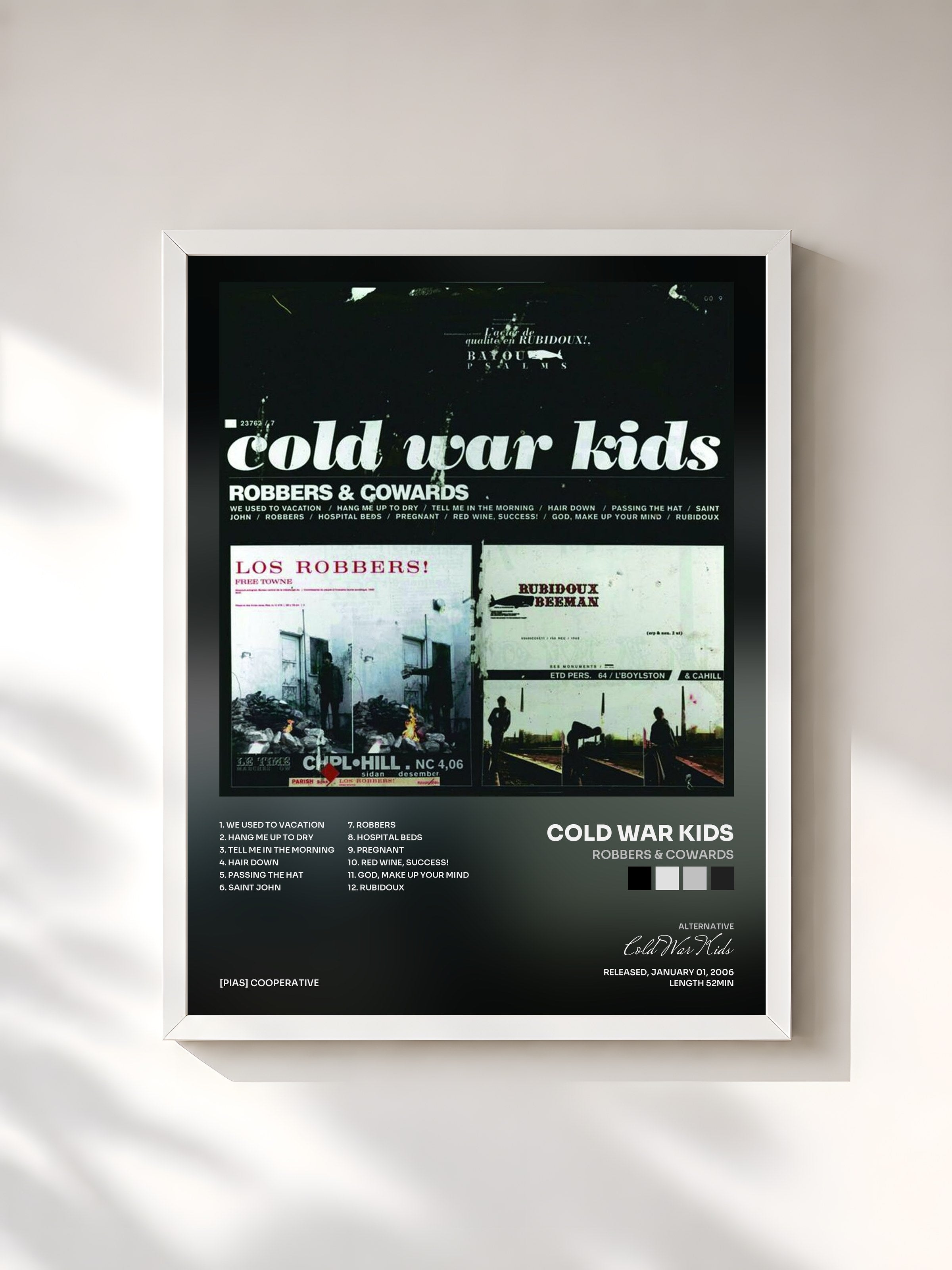 #blanc Tableau de l'album Robbers & Cowards de Cold War Kids, cadre blanc, imprimé et encadré en France