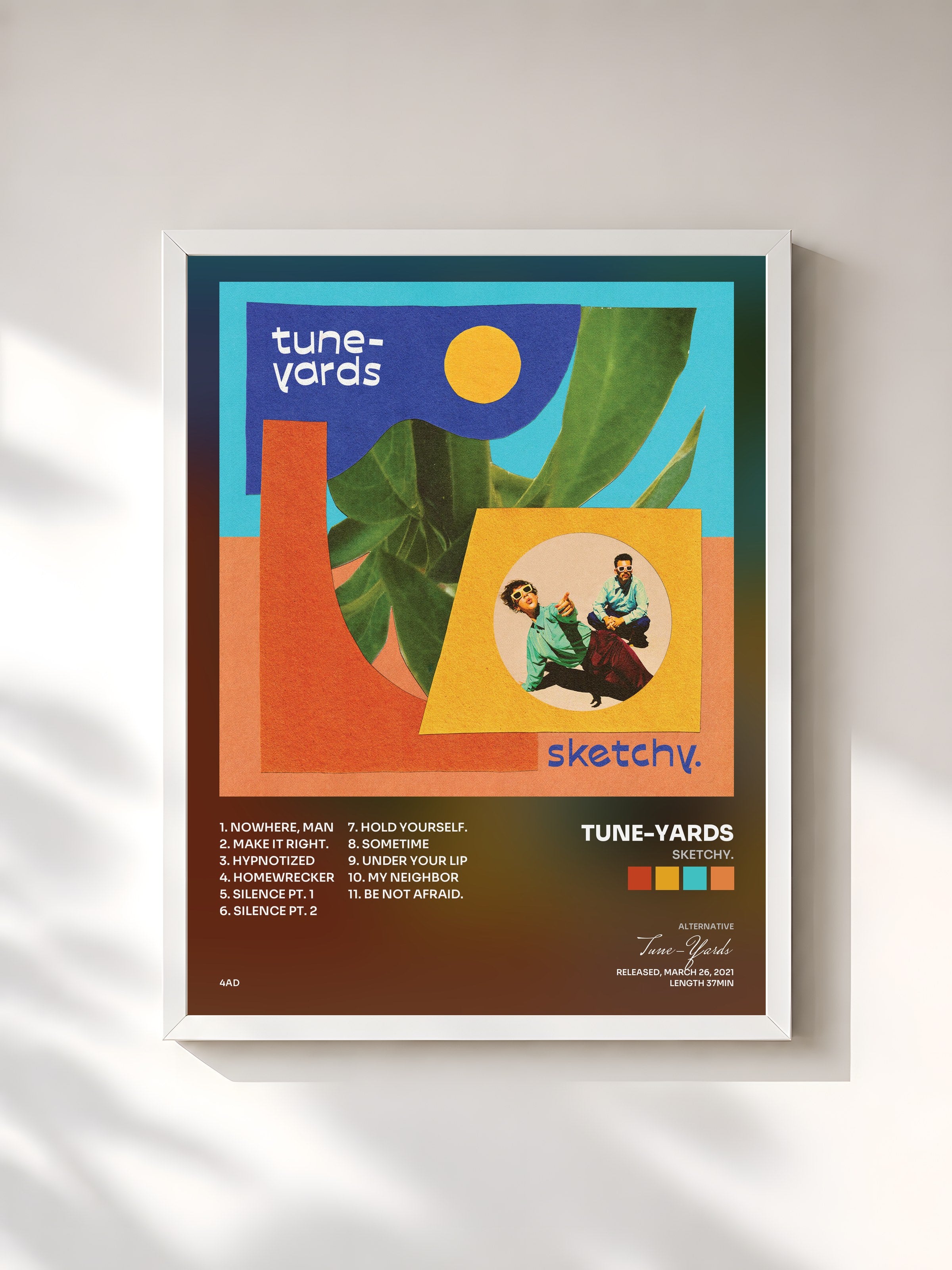 #blanc Tableau de l'album sketchy. de Tune-Yards, cadre blanc, imprimé et encadré en France