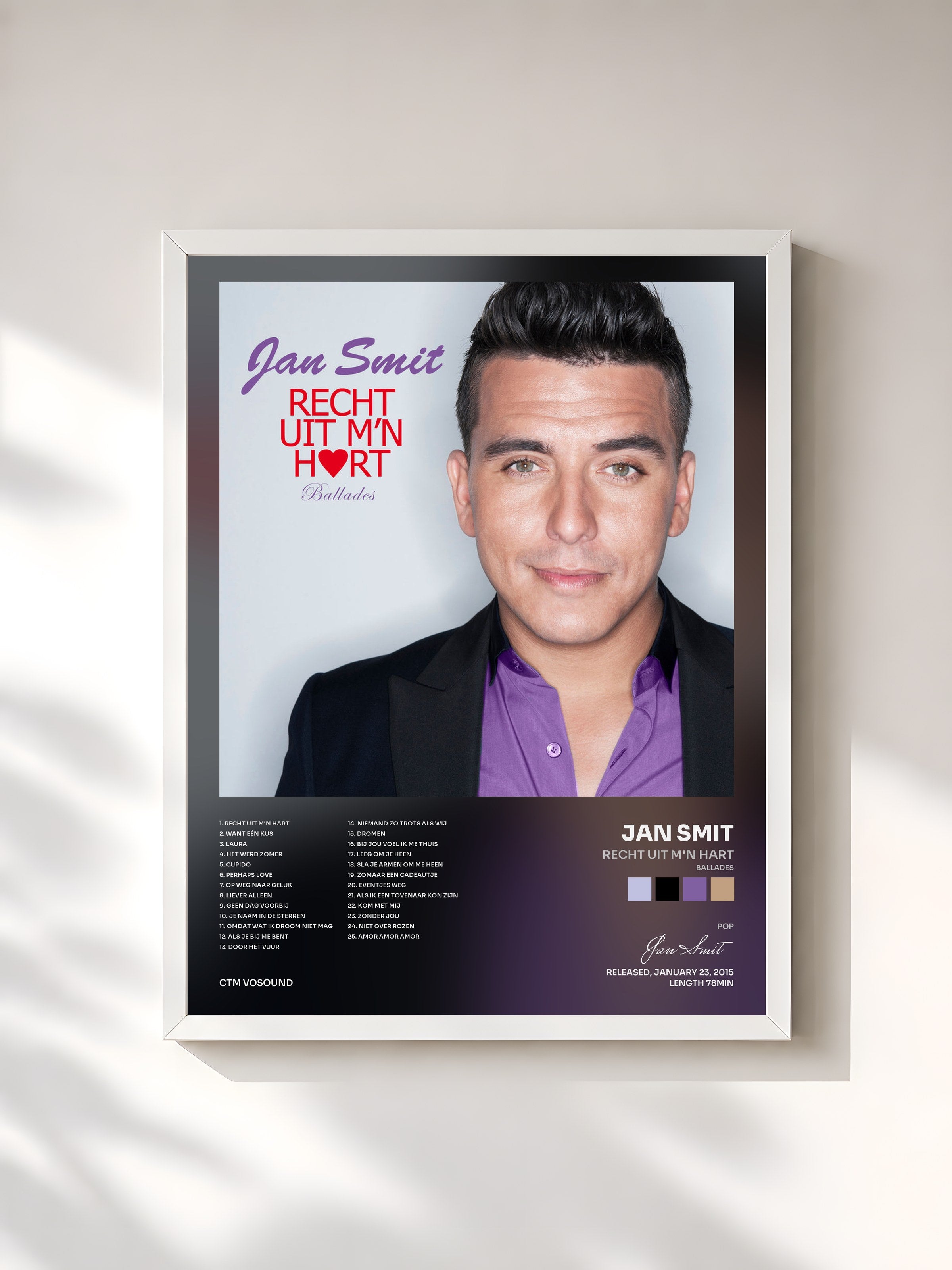 #blanc Tableau de l'album Recht Uit M'n Hart (Ballades) de Jan Smit, cadre blanc, imprimé et encadré en France