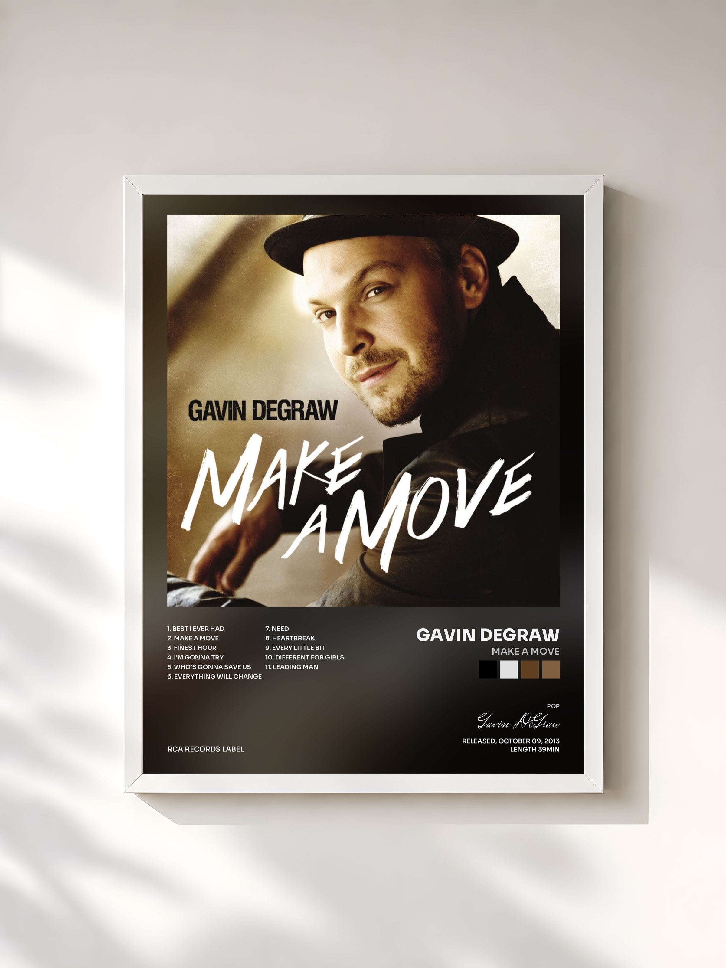 #blanc Tableau de l'album Make A Move de Gavin DeGraw, cadre blanc, imprimé et encadré en France