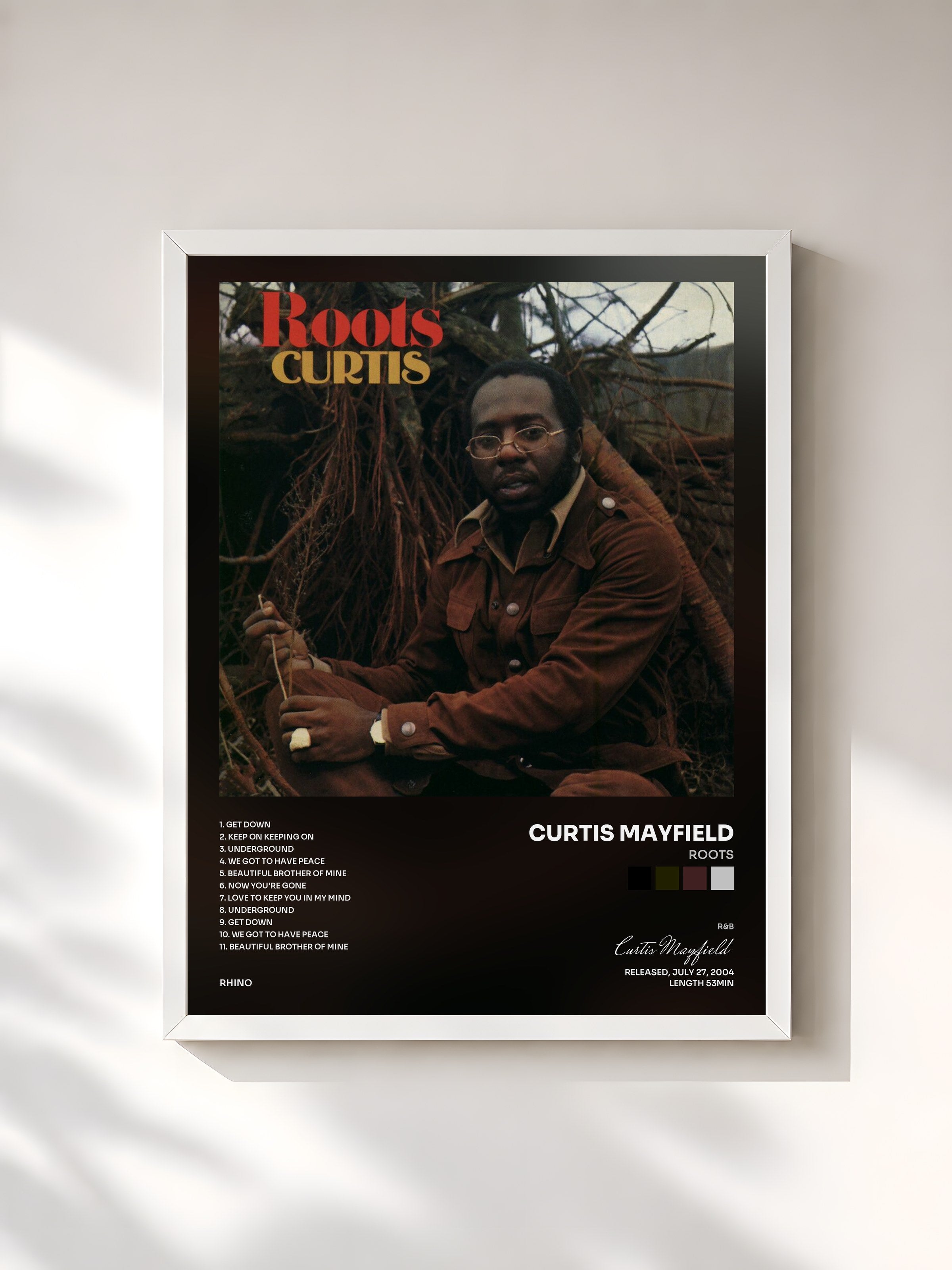 #blanc Tableau de l'album Roots de Curtis Mayfield, cadre blanc, imprimé et encadré en France