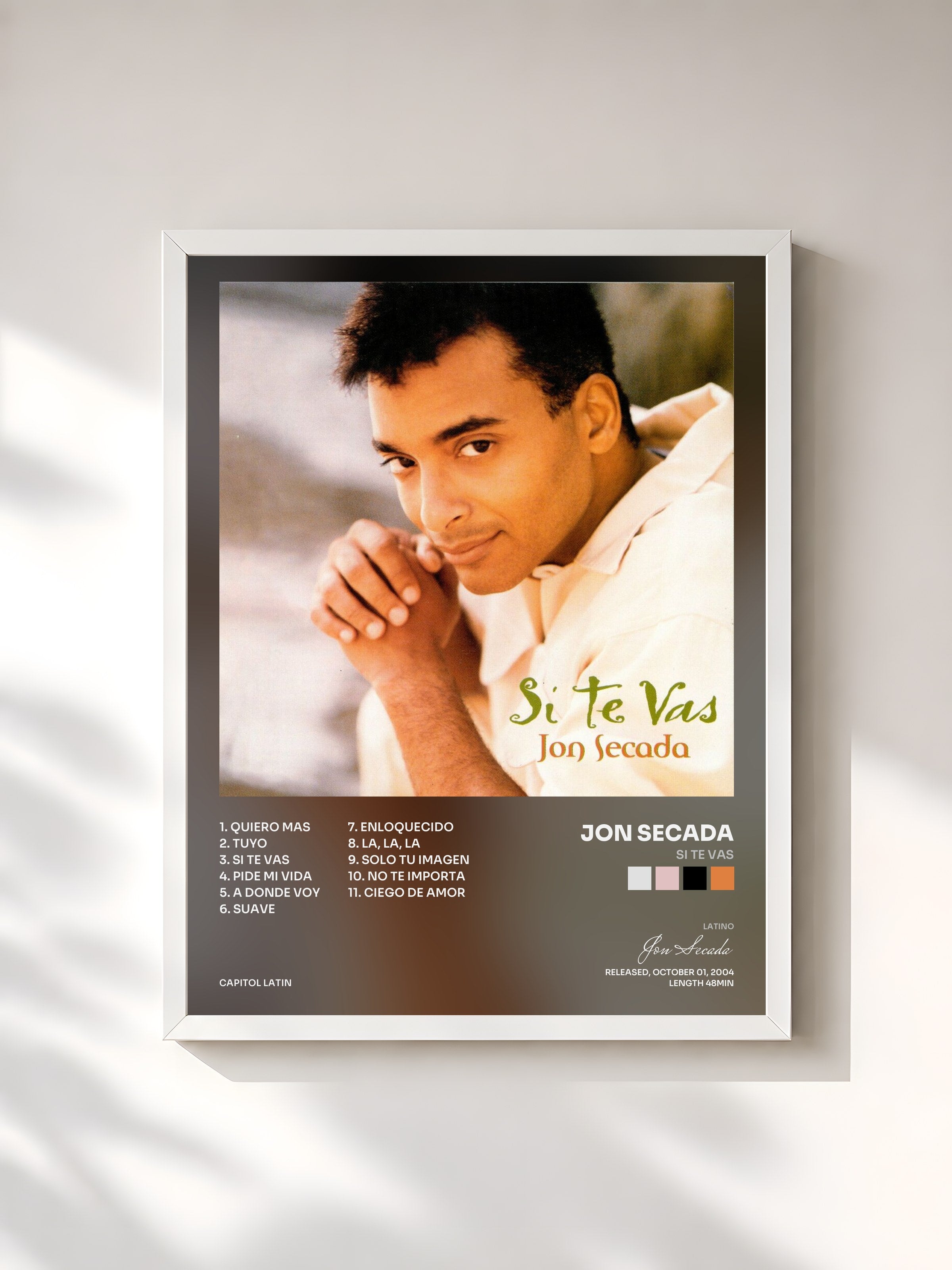 #blanc Tableau de l'album Si Te Vas de Jon Secada, cadre blanc, imprimé et encadré en France