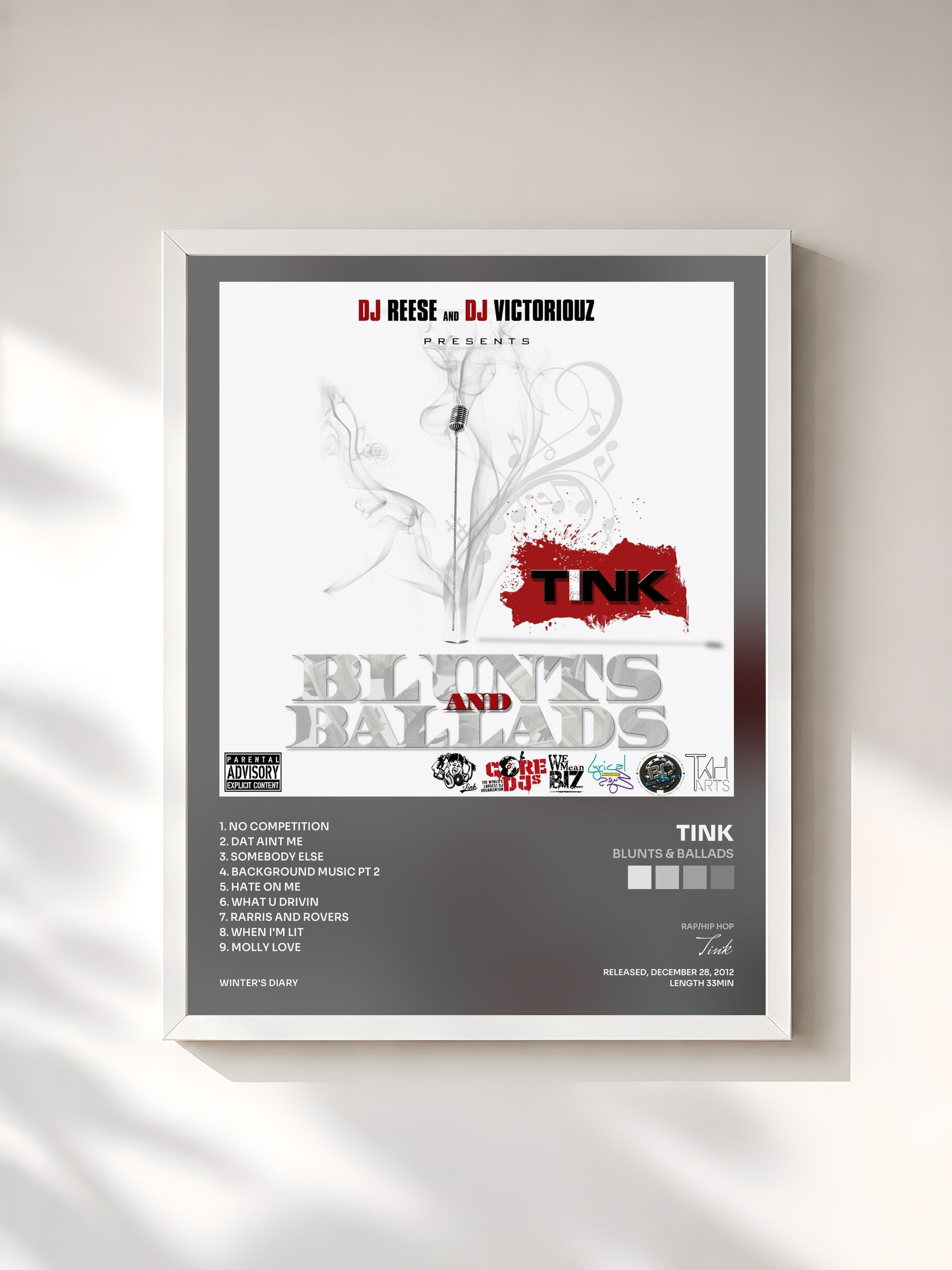 #blanc Tableau de l'album Blunts & Ballads de Tink, cadre blanc, imprimé et encadré en France