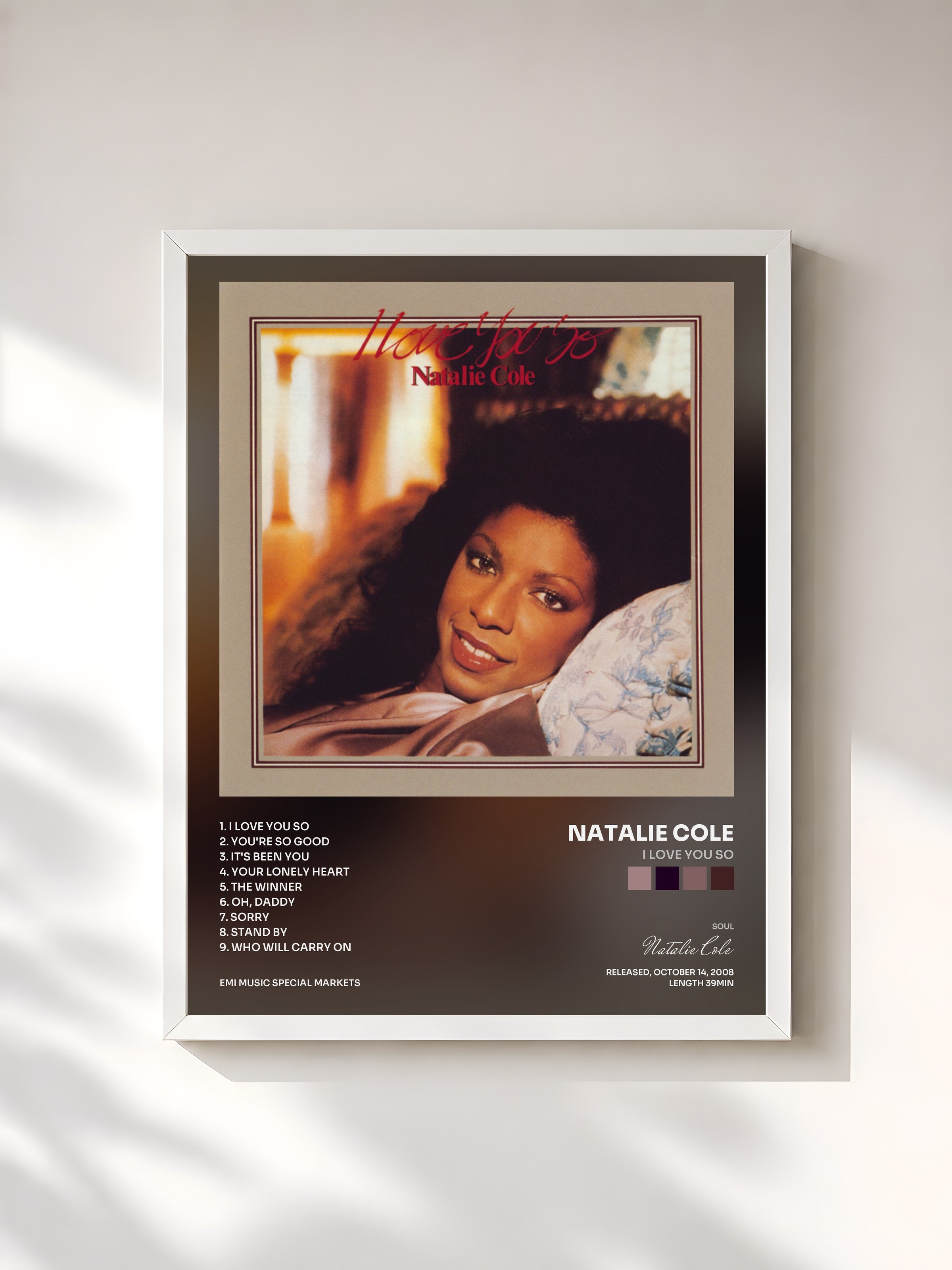 #blanc Tableau de l'album I Love You So de Natalie Cole, cadre blanc, imprimé et encadré en France