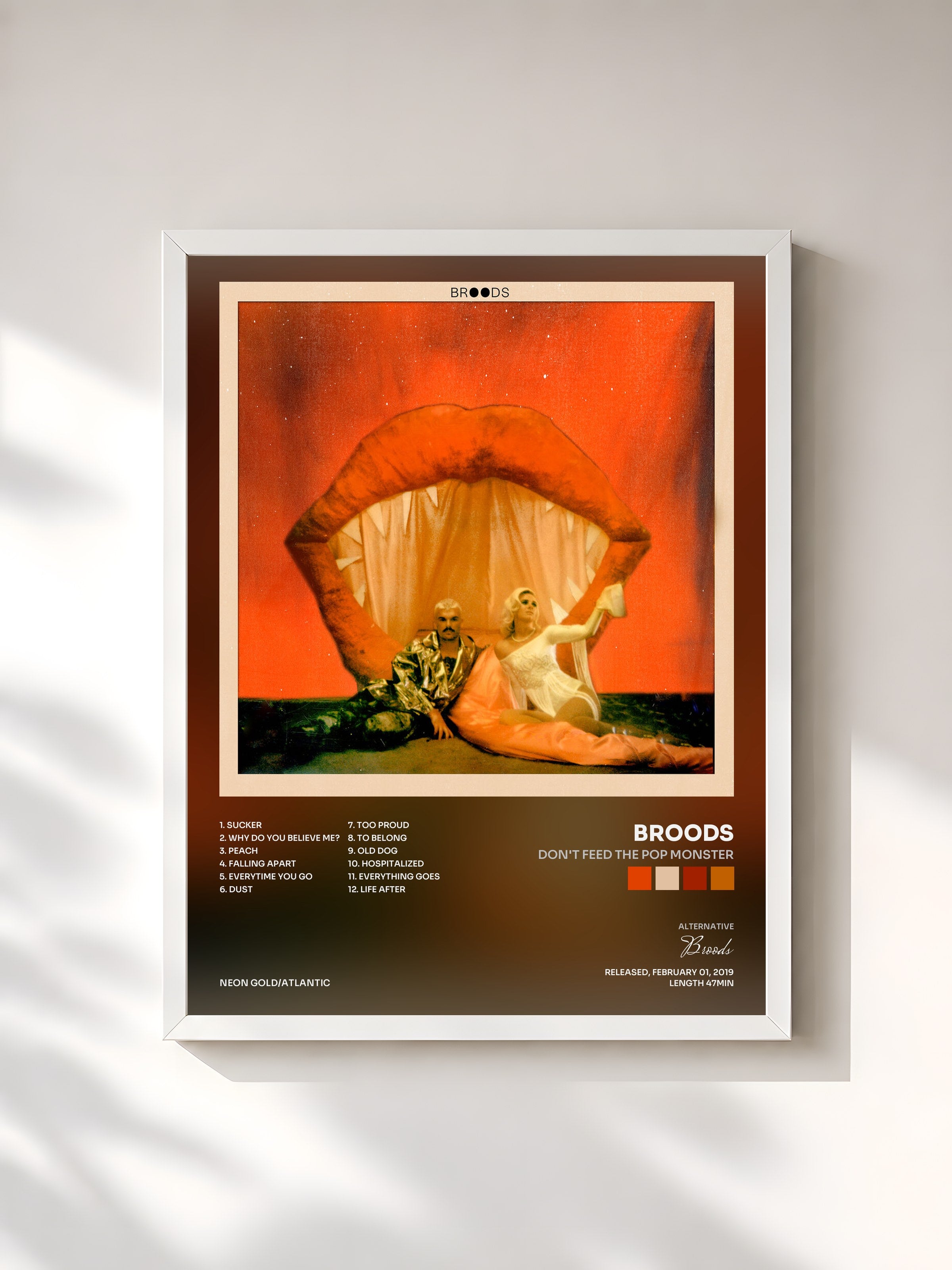 #blanc Tableau de l'album Don't Feed The Pop Monster de Broods, cadre blanc, imprimé et encadré en France