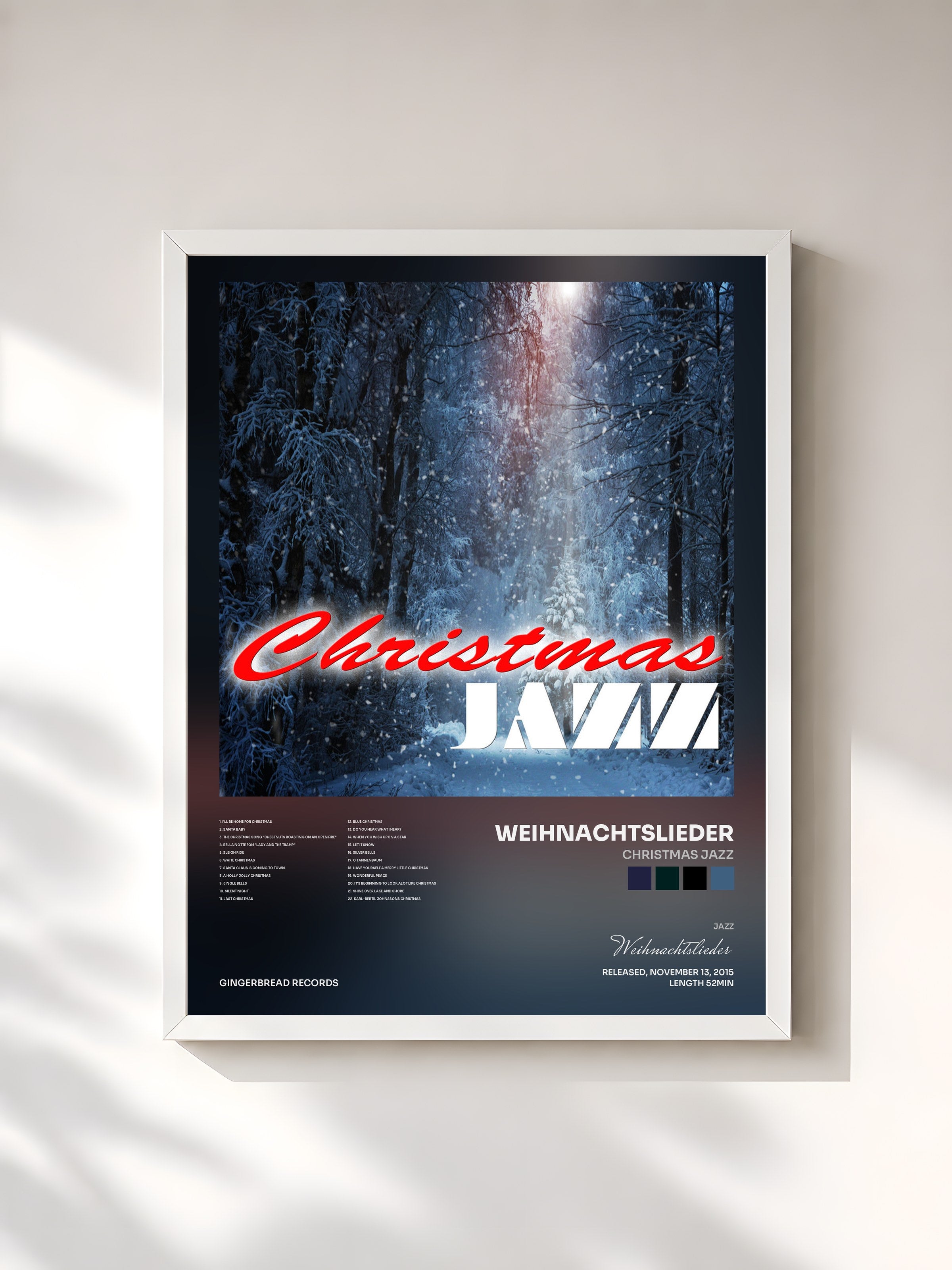 #blanc Tableau de l'album Christmas Jazz de Weihnachtslieder, cadre blanc, imprimé et encadré en France