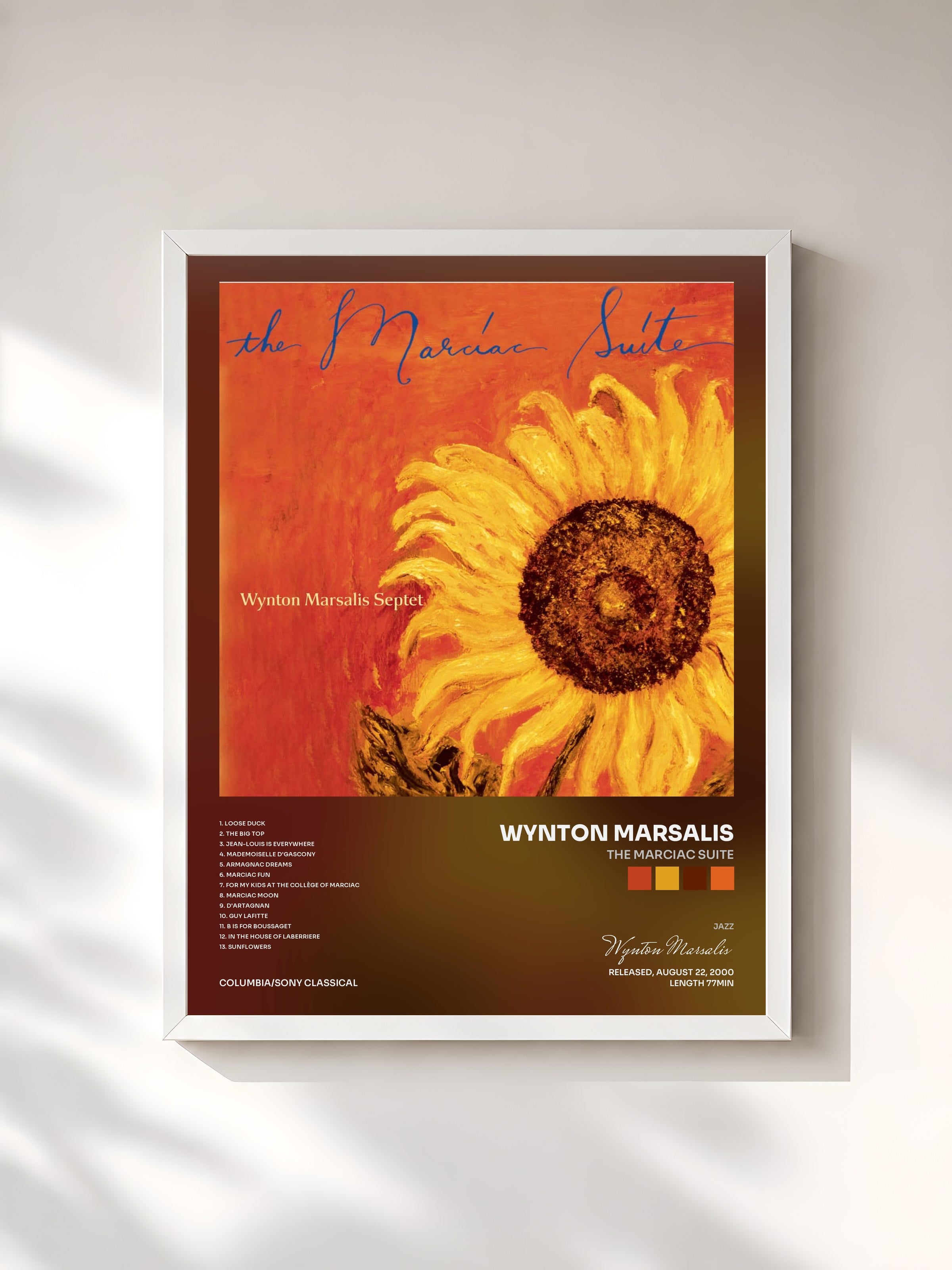#blanc Tableau de l'album The Marciac Suite de Wynton Marsalis, cadre blanc, imprimé et encadré en France