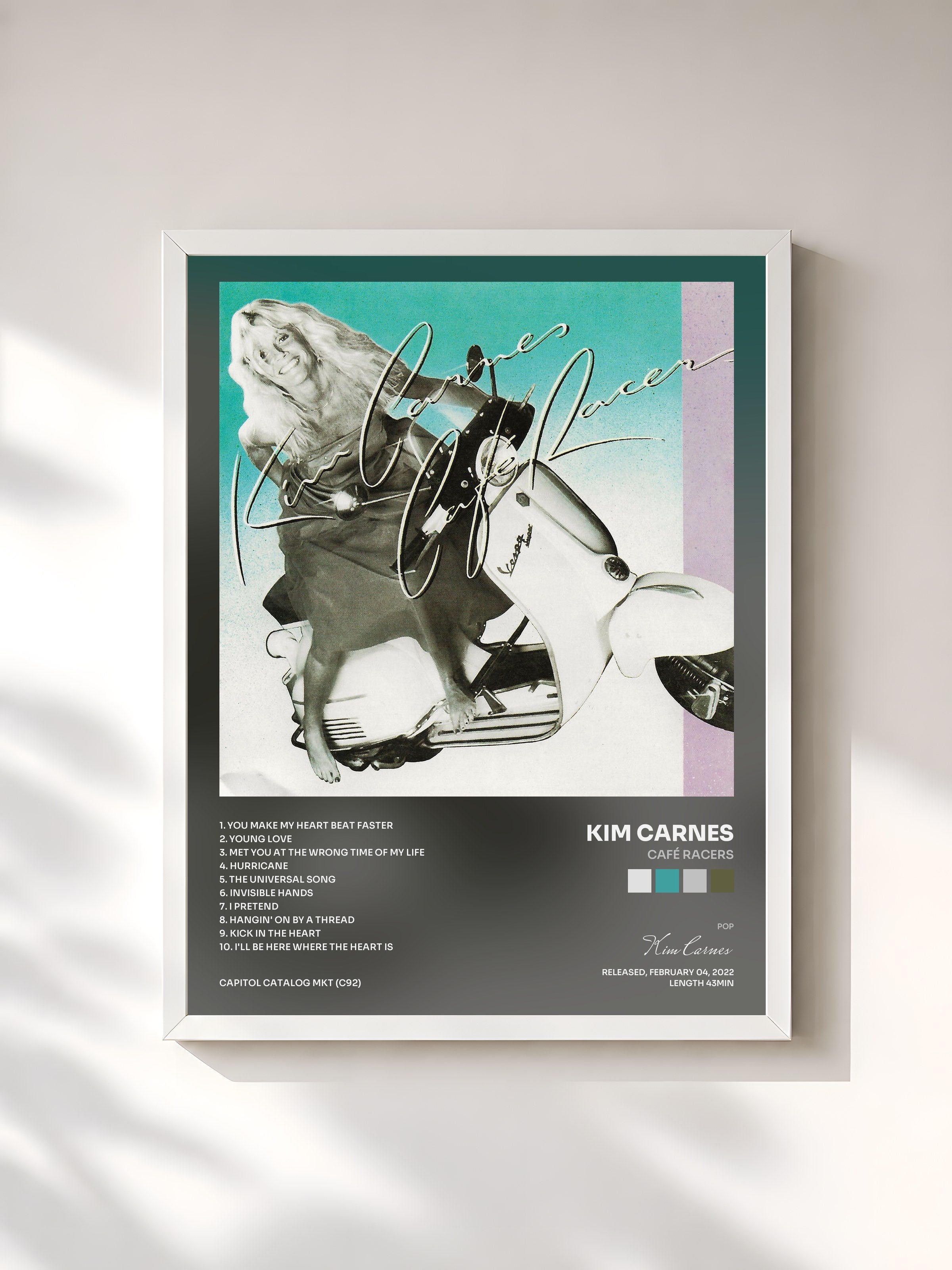 #blanc Tableau de l'album Café Racers de Kim Carnes, cadre blanc, imprimé et encadré en France