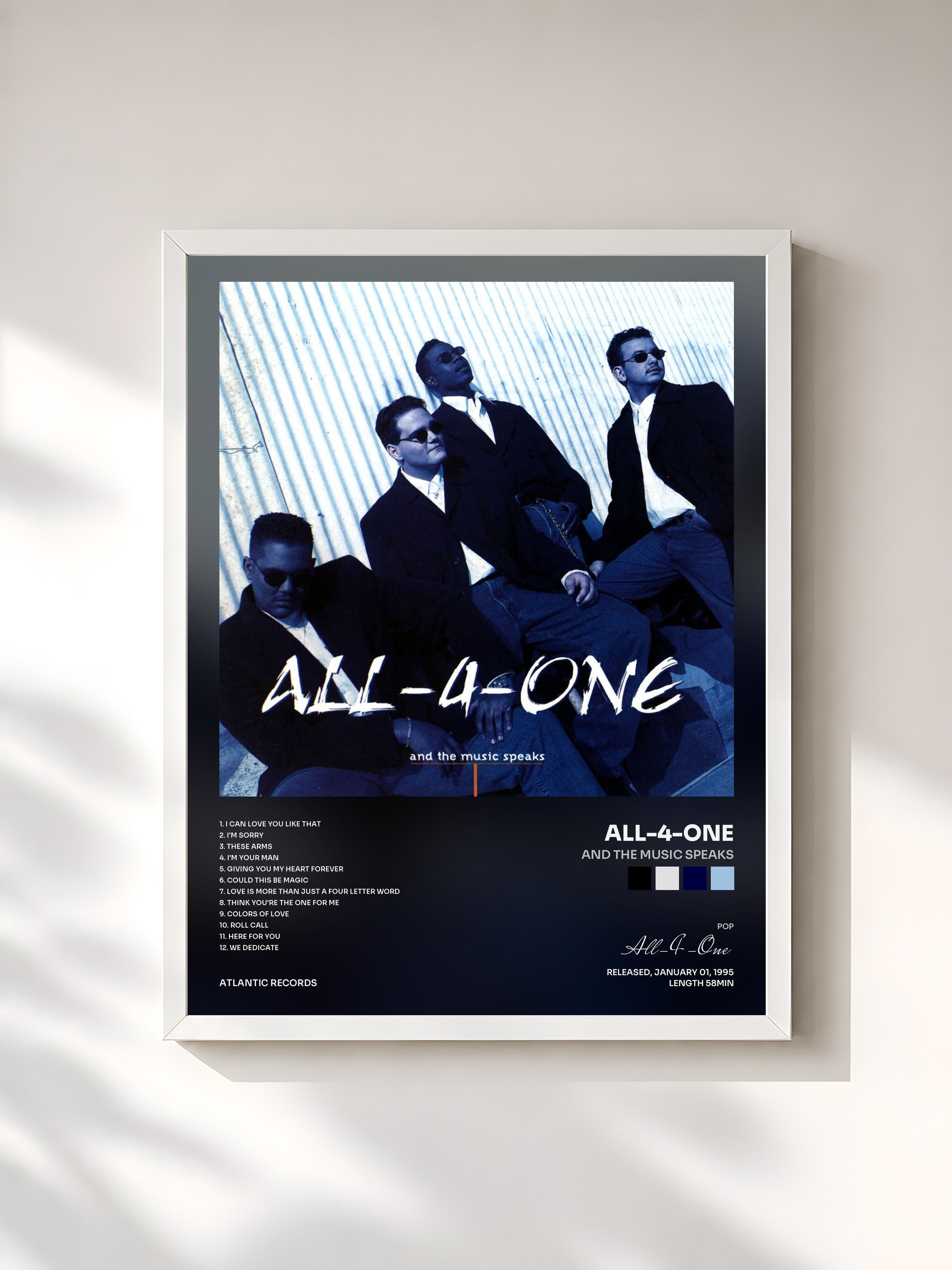 #blanc Tableau de l'album And the Music Speaks de All-4-One, cadre blanc, imprimé et encadré en France