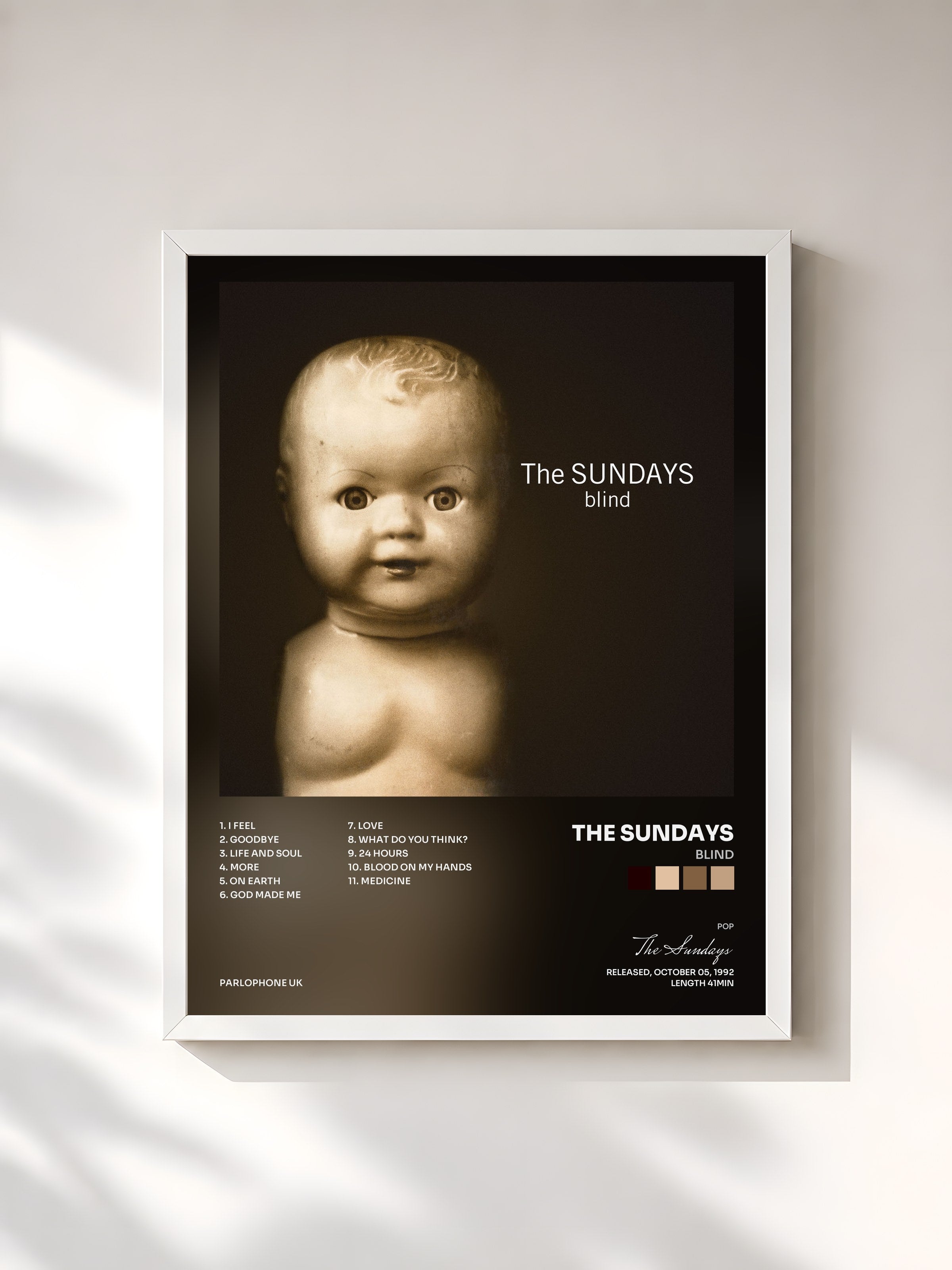 #blanc Tableau de l'album Blind de The Sundays, cadre blanc, imprimé et encadré en France