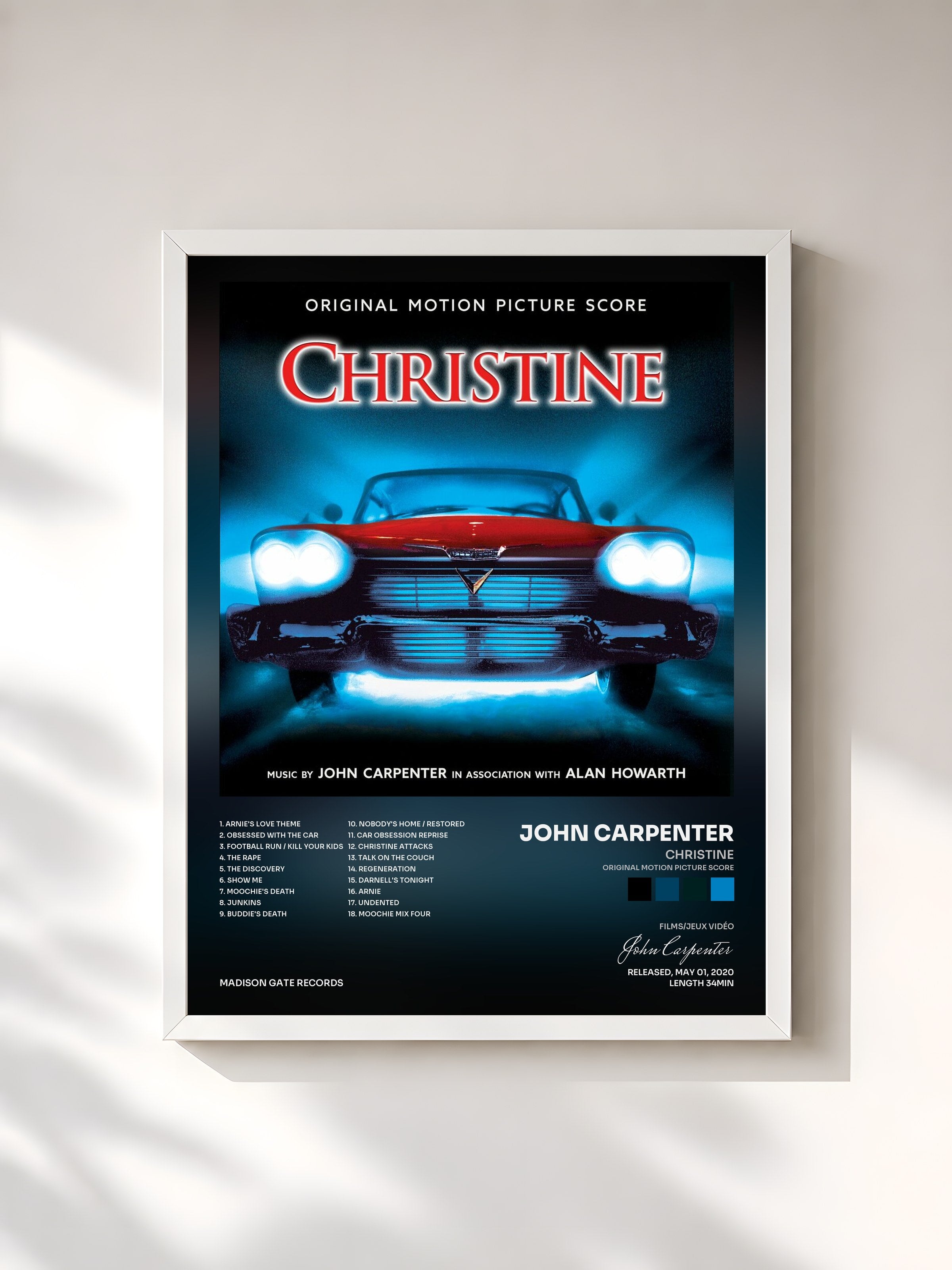 #blanc Tableau de l'album Christine (Original Motion Picture Score) de John Carpenter, cadre blanc, imprimé et encadré en France