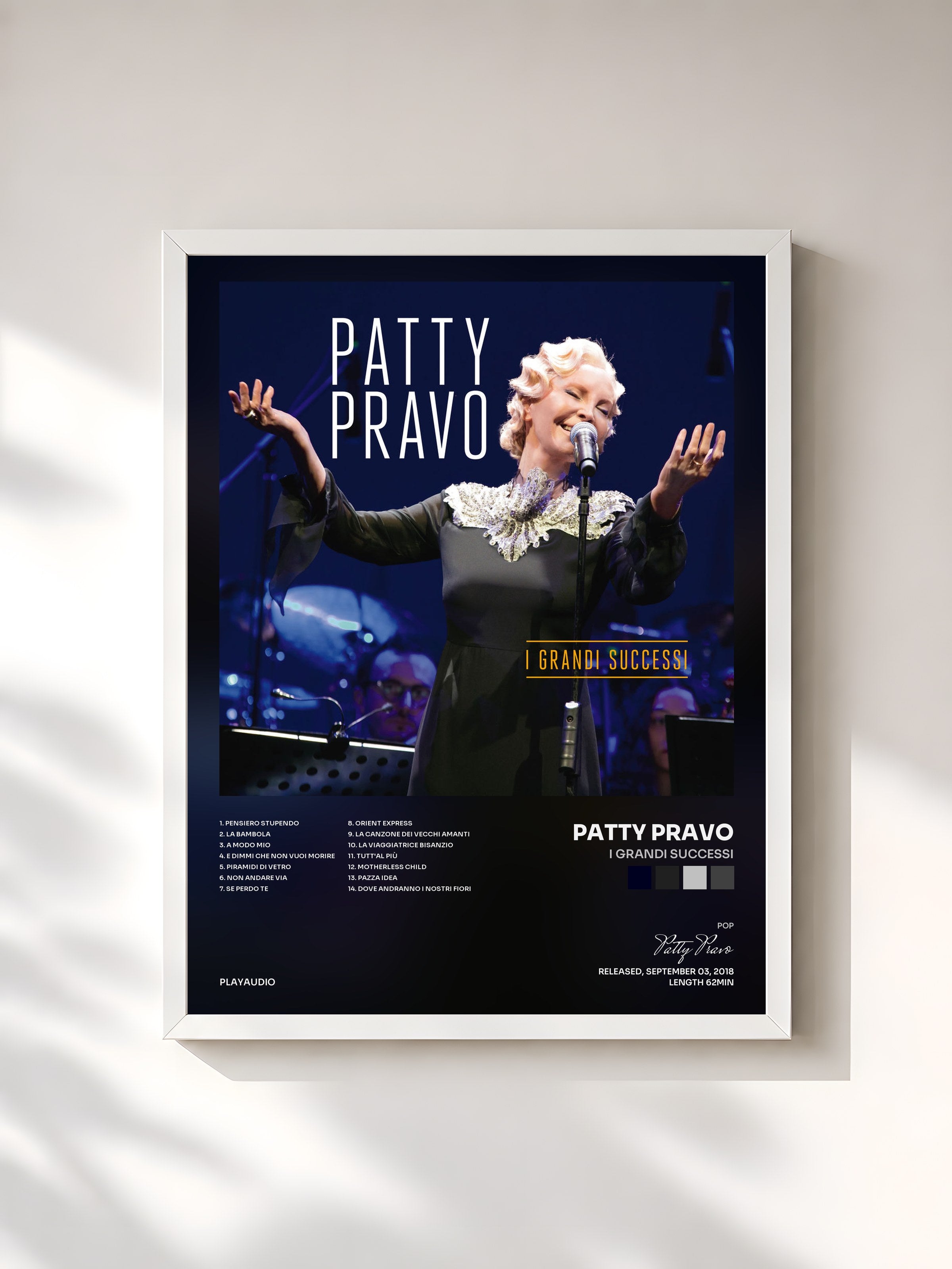 #blanc Tableau de l'album I Grandi Successi de Patty Pravo, cadre blanc, imprimé et encadré en France